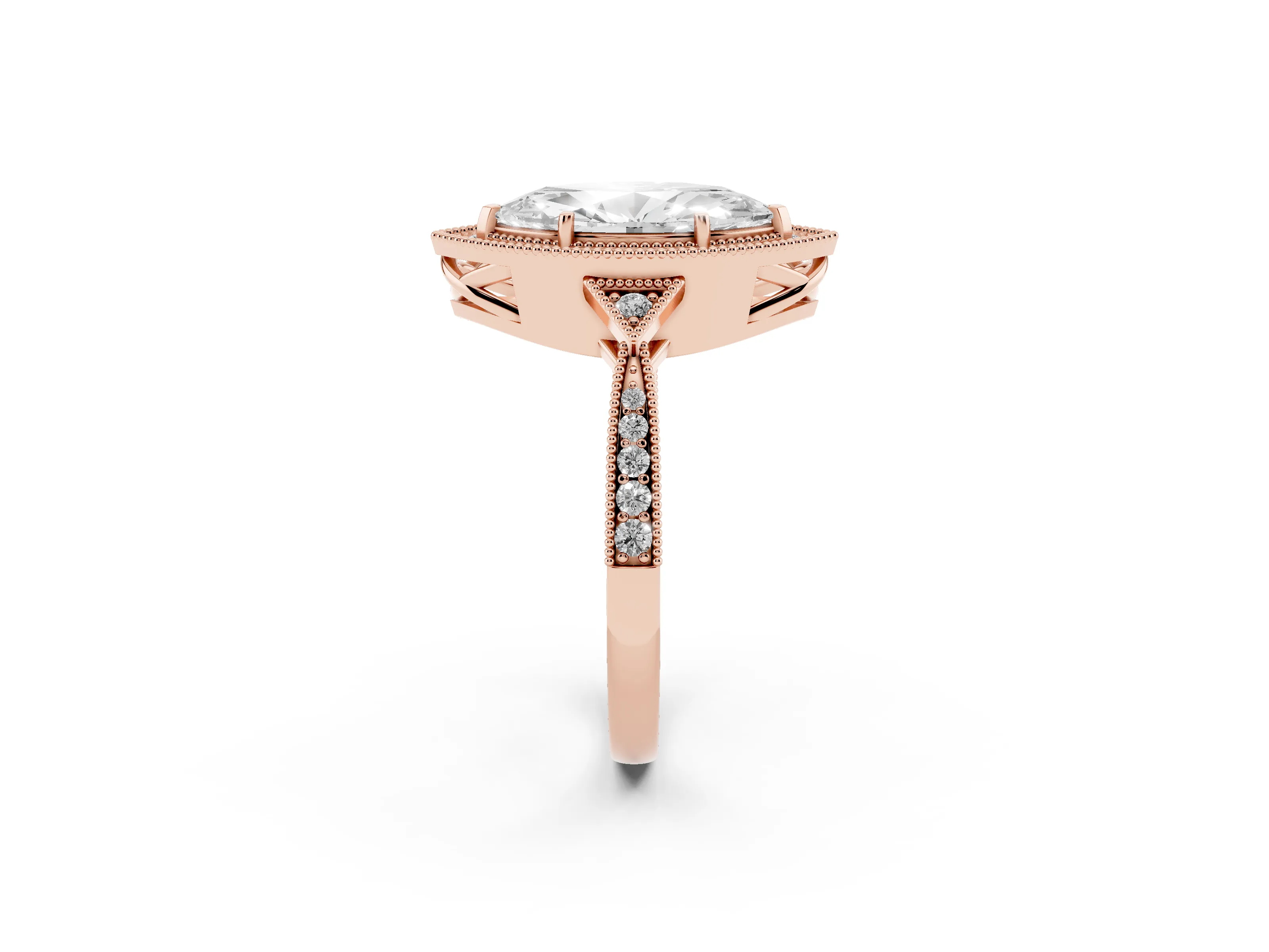 Marquise Cut Diamond Halo Engagement Ring Set in Rose gold with Milgrain Pavé Band