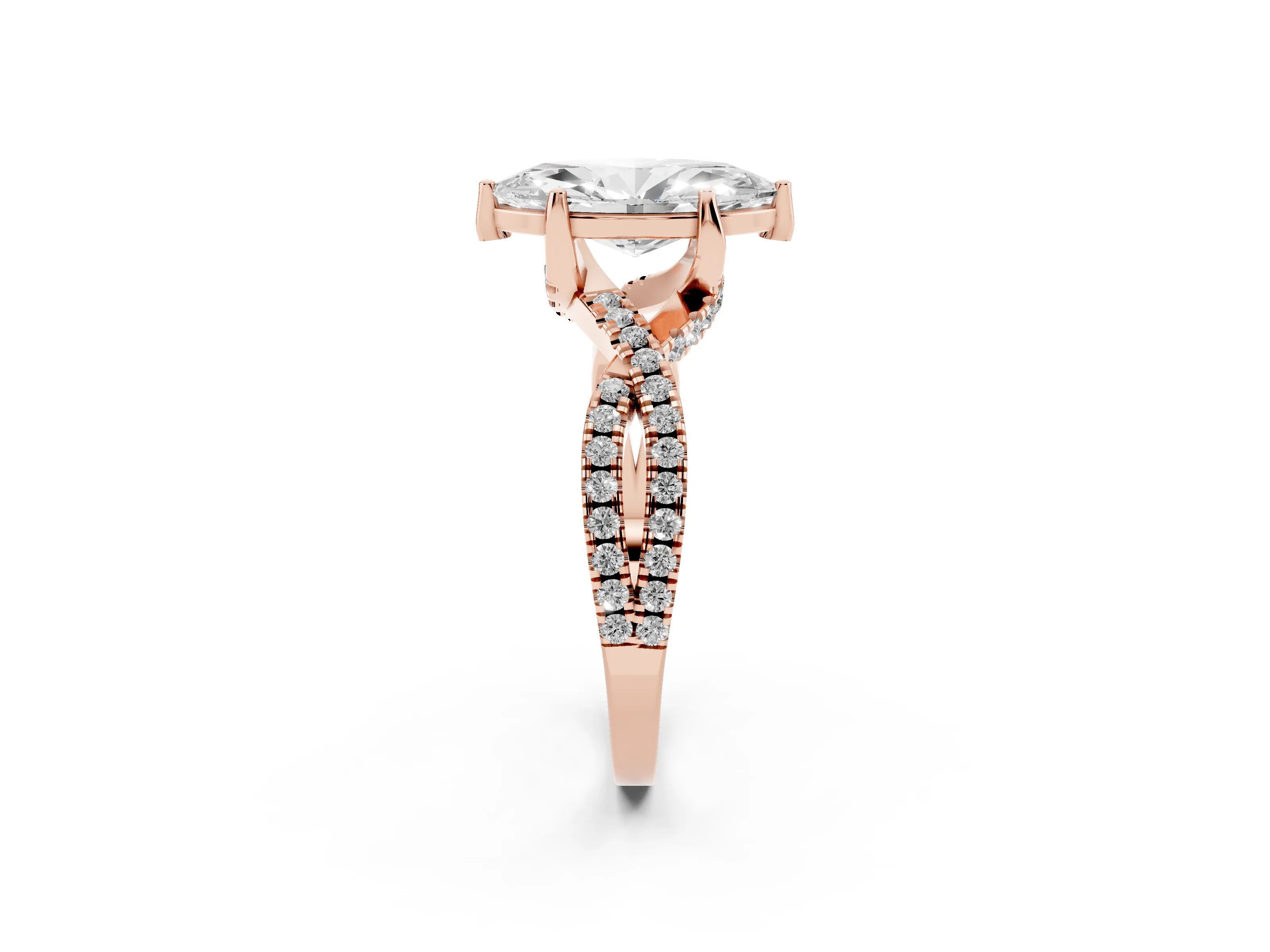 Marquise Cut Diamond Twist Pavé Solitaire Engagement Ring Set in Rose gold with Prong Setting