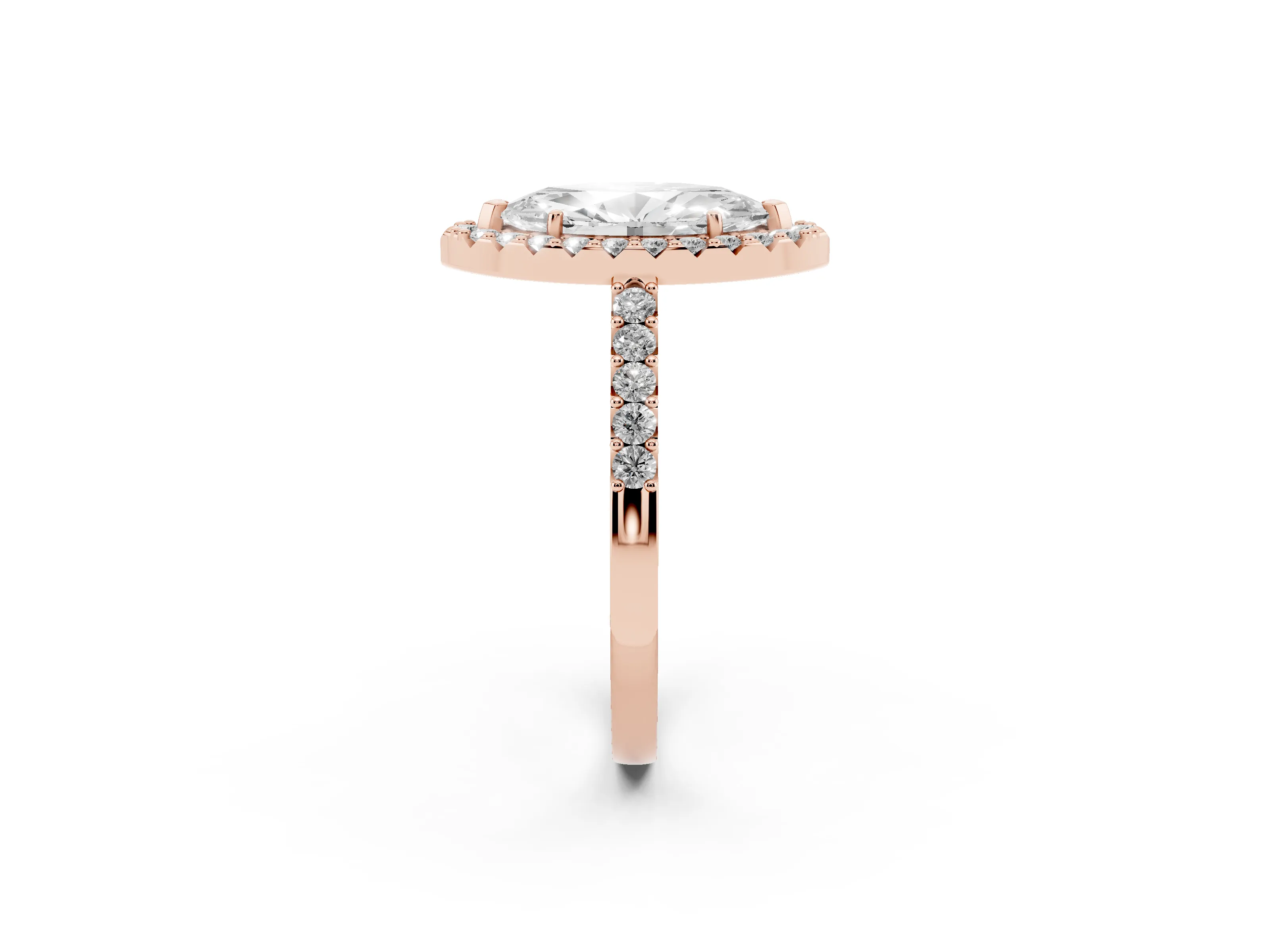 Marquise Cut Diamond Halo Pavé Solitaire Ring Set in Rose gold with Prong-Set Center Stone