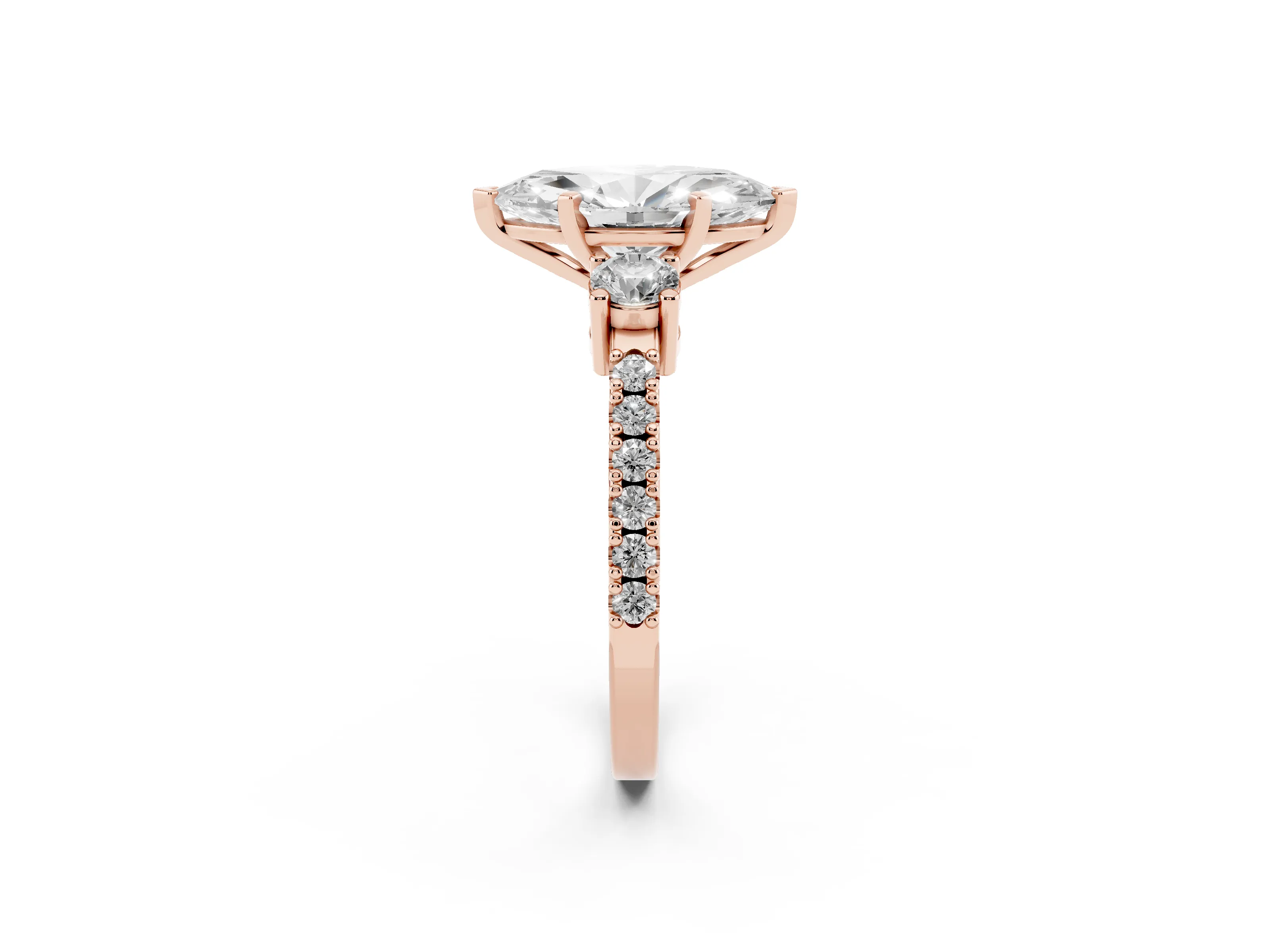 Three-Stone Marquise Cut Diamond Pavé Band Ring Set in Rose gold with Prong Setting