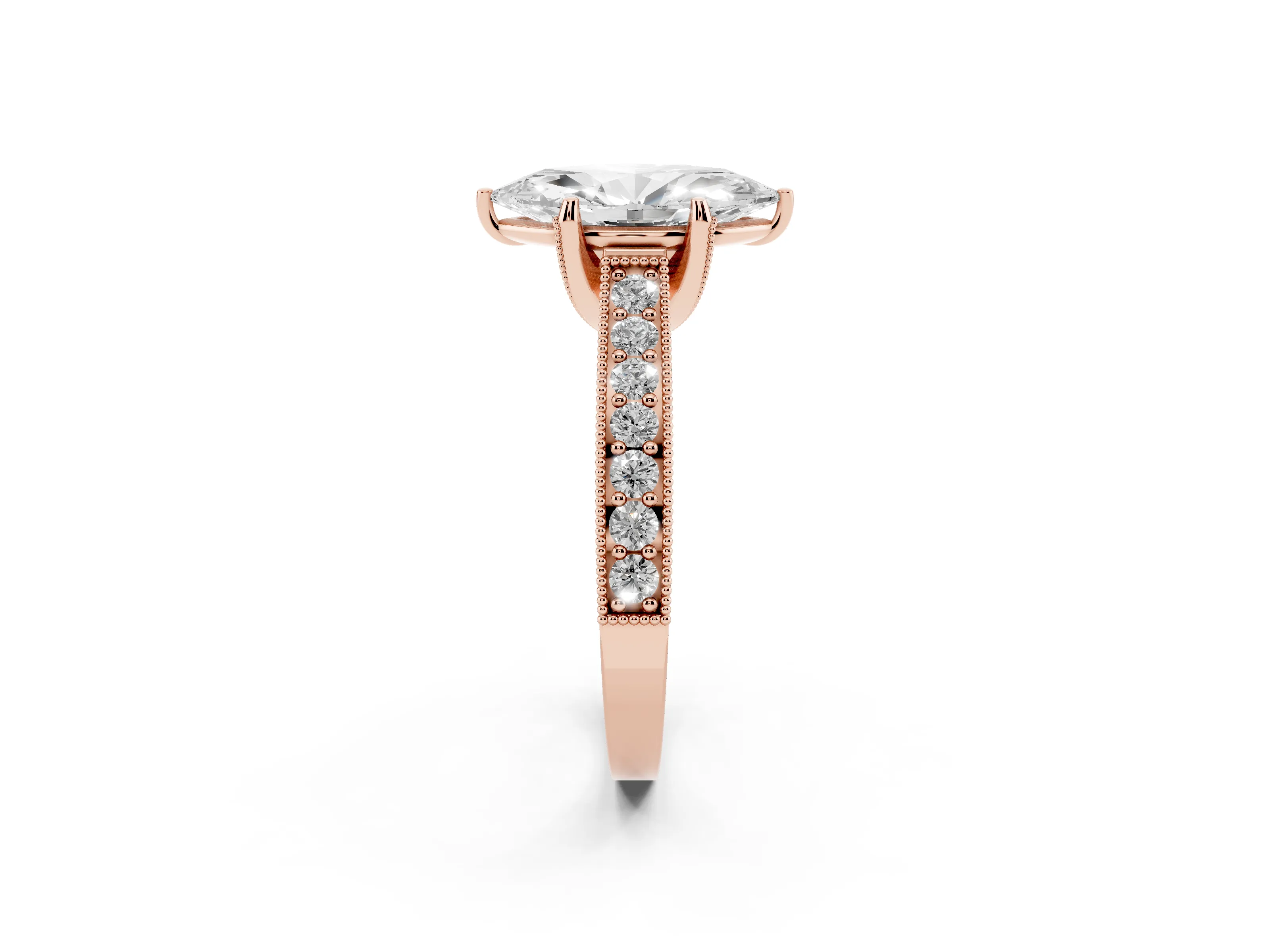 Marquise Cut Diamond Solitaire Ring Set in Rose gold with Milgrain-Edged Pavé Band and Prong Setting