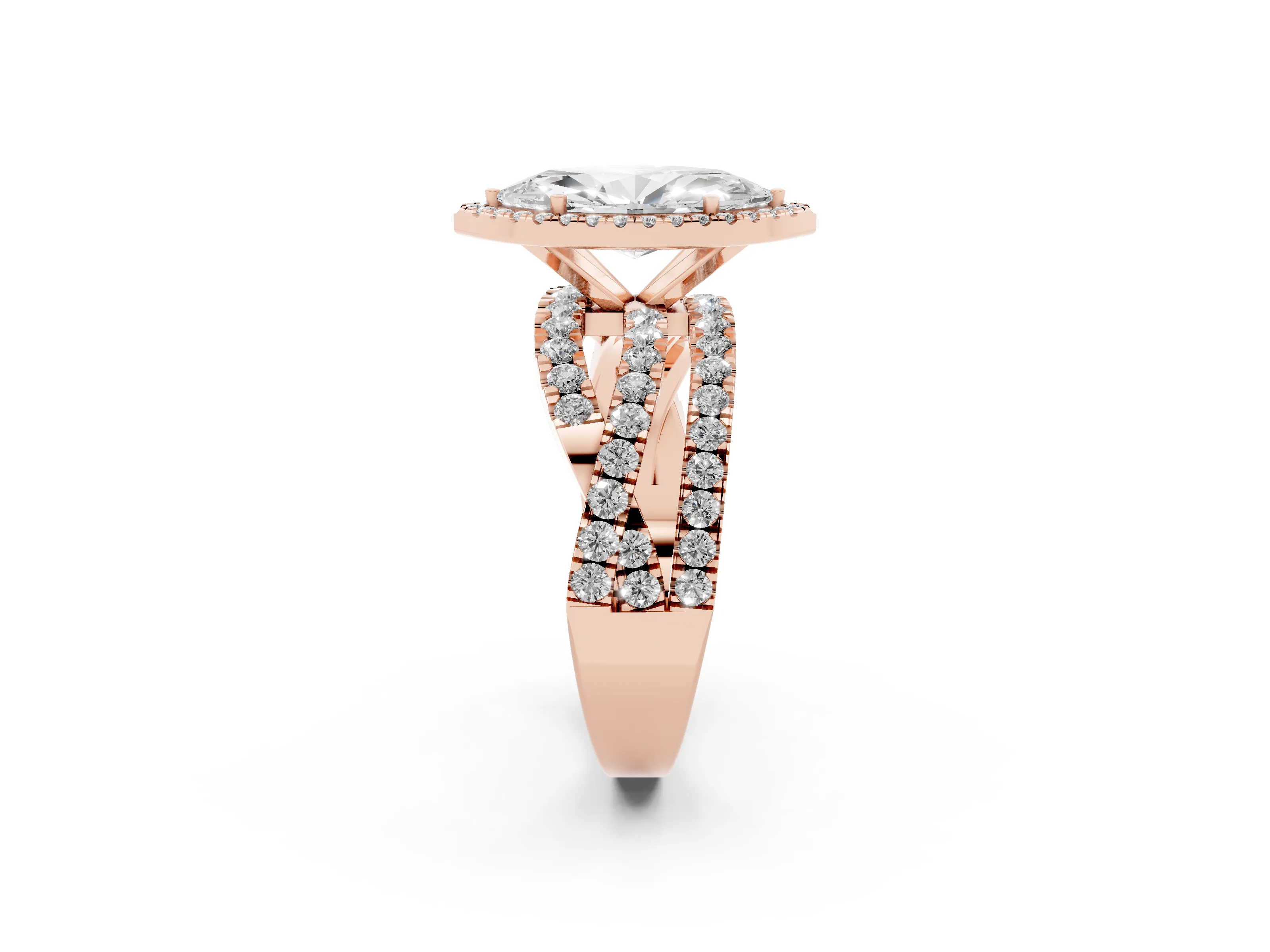 Marquise Cut Diamond Halo Ring Set in Rose gold with Round Crossover Split Shank and Prong Setting
