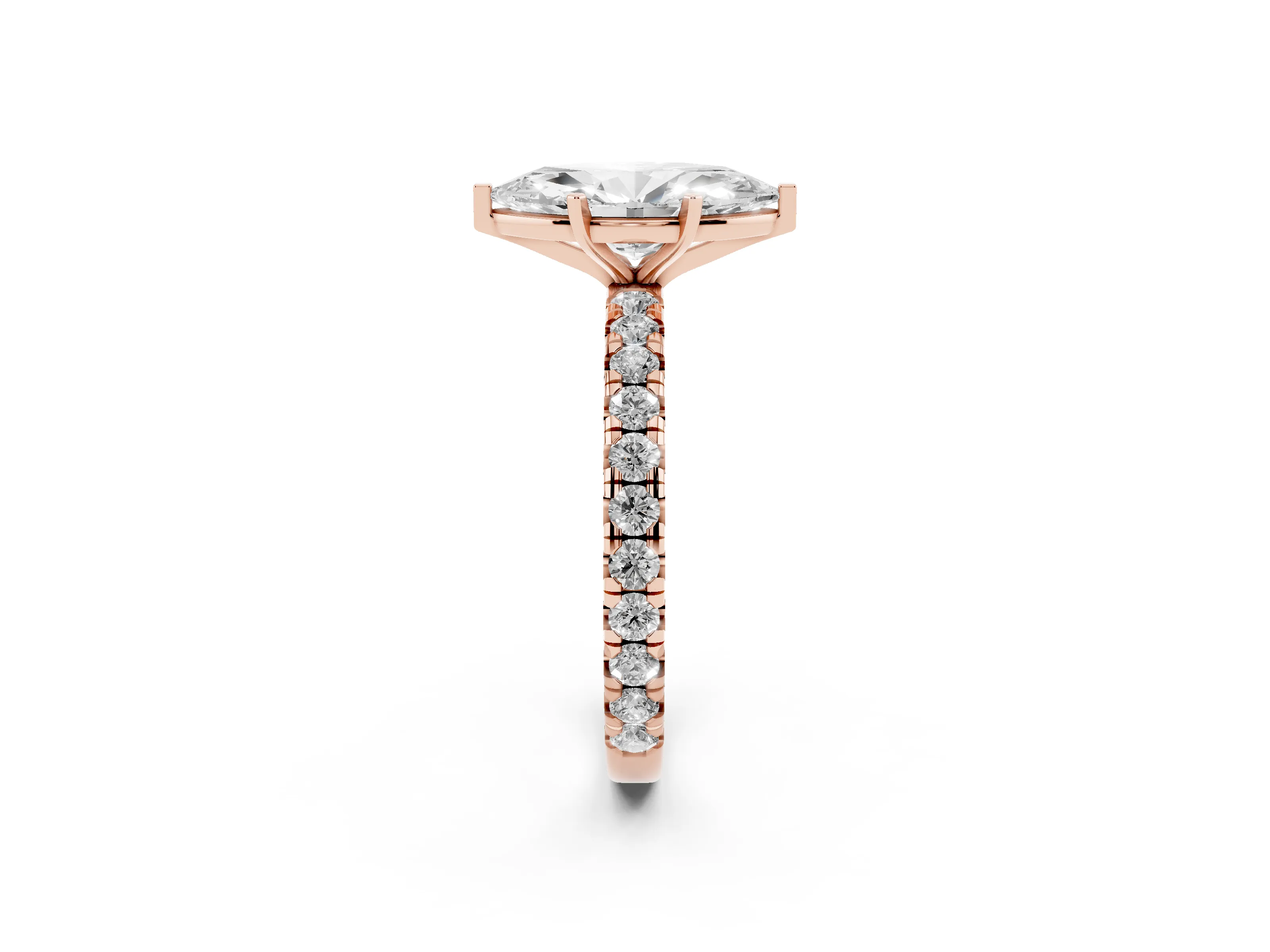 Marquise Cut Diamond Pavé Solitaire Ring Set in Rose gold with Round Band and Prong Setting