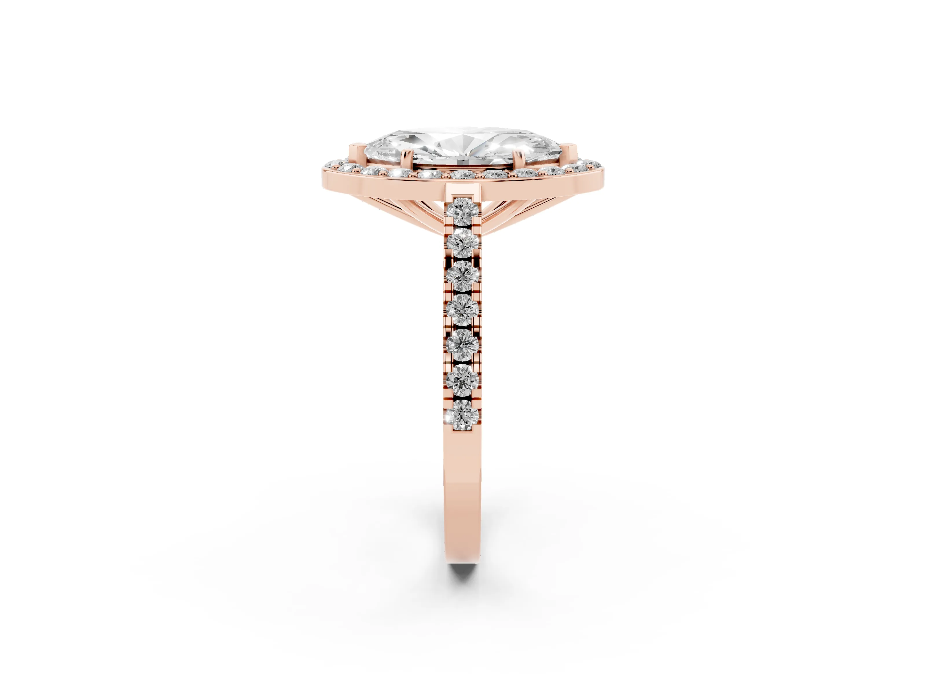 Marquise Cut Diamond Halo Ring Set in Rose gold with Round Pavé Split Shank and Prong Setting