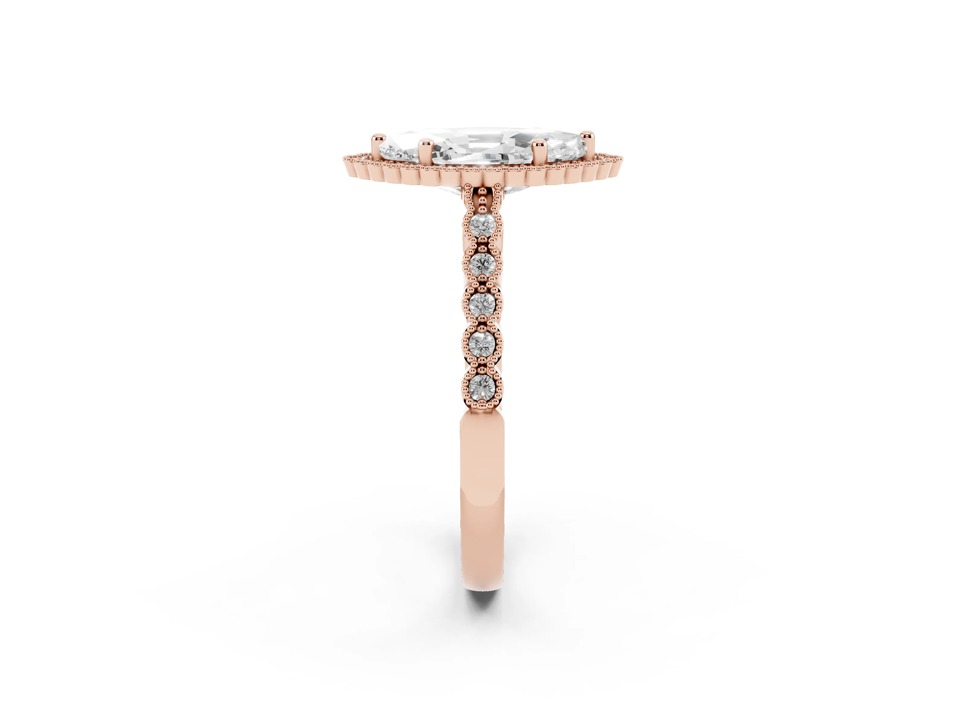 Marquise Cut Diamond Halo Ring Set in Rose gold with Pavé Milgrain Band