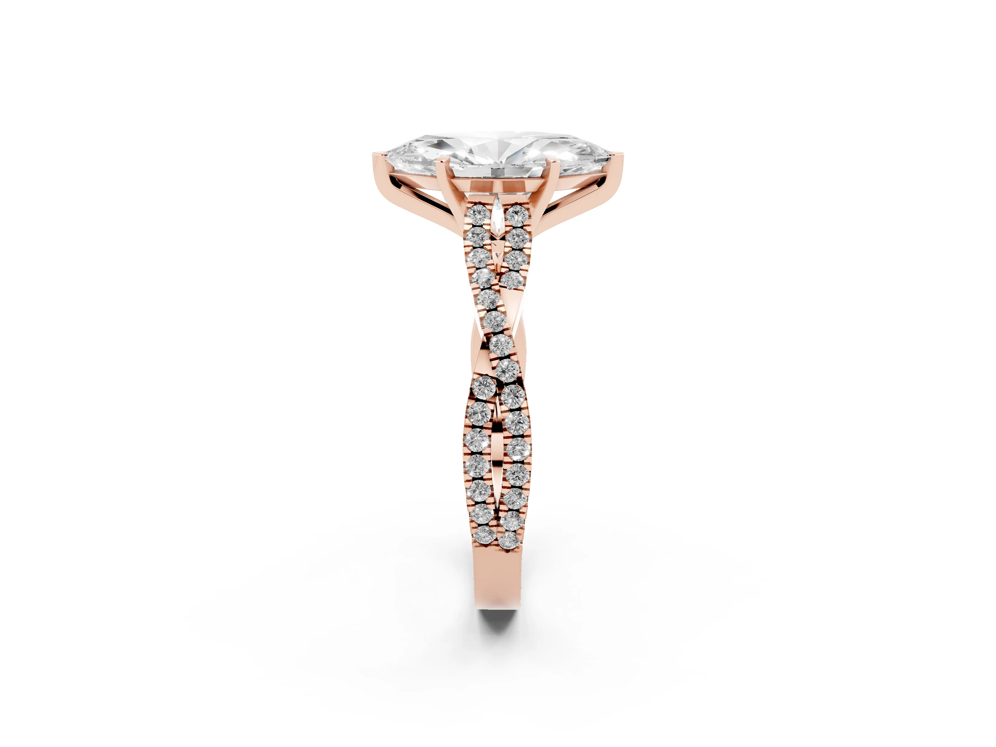 Marquise Cut Diamond Solitaire Engagement Ring Set in Rose gold with Twisted Pavé Band and Prong Setting