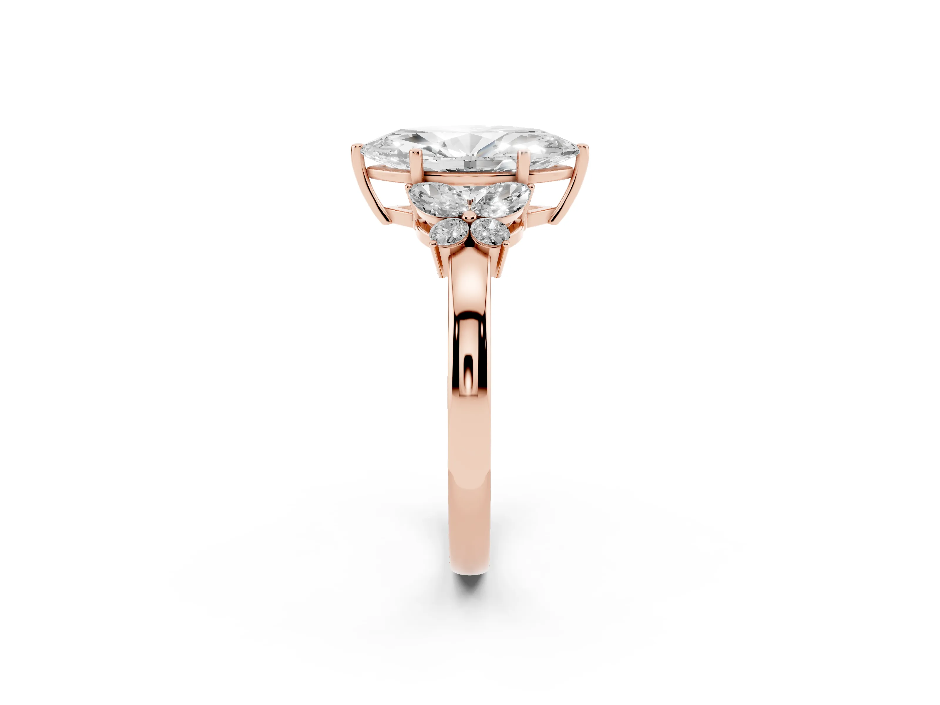 Marquise Cut Diamond Solitaire Floral Ring Set in Rose gold with Marquise Petals and Prong Setting