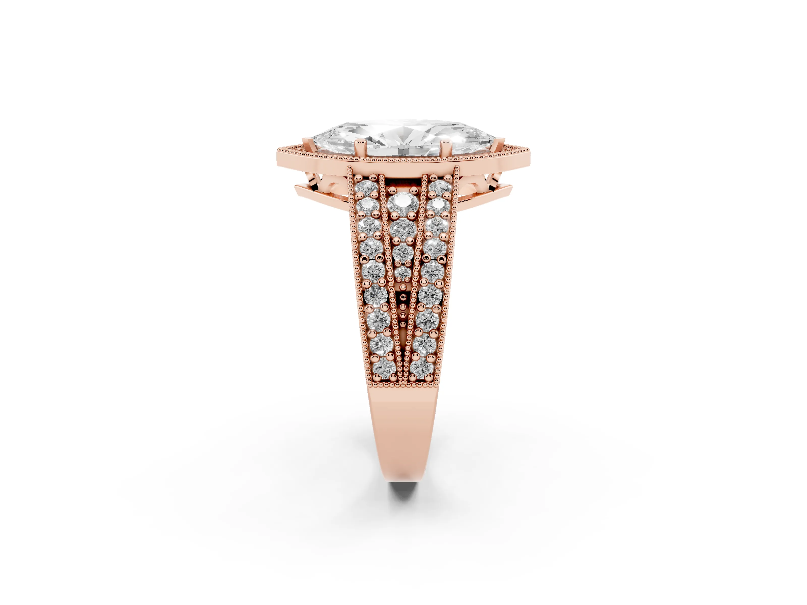 Marquise Cut Diamond Halo Ring Set in Rose gold with Accent Split Shank and Prong Setting