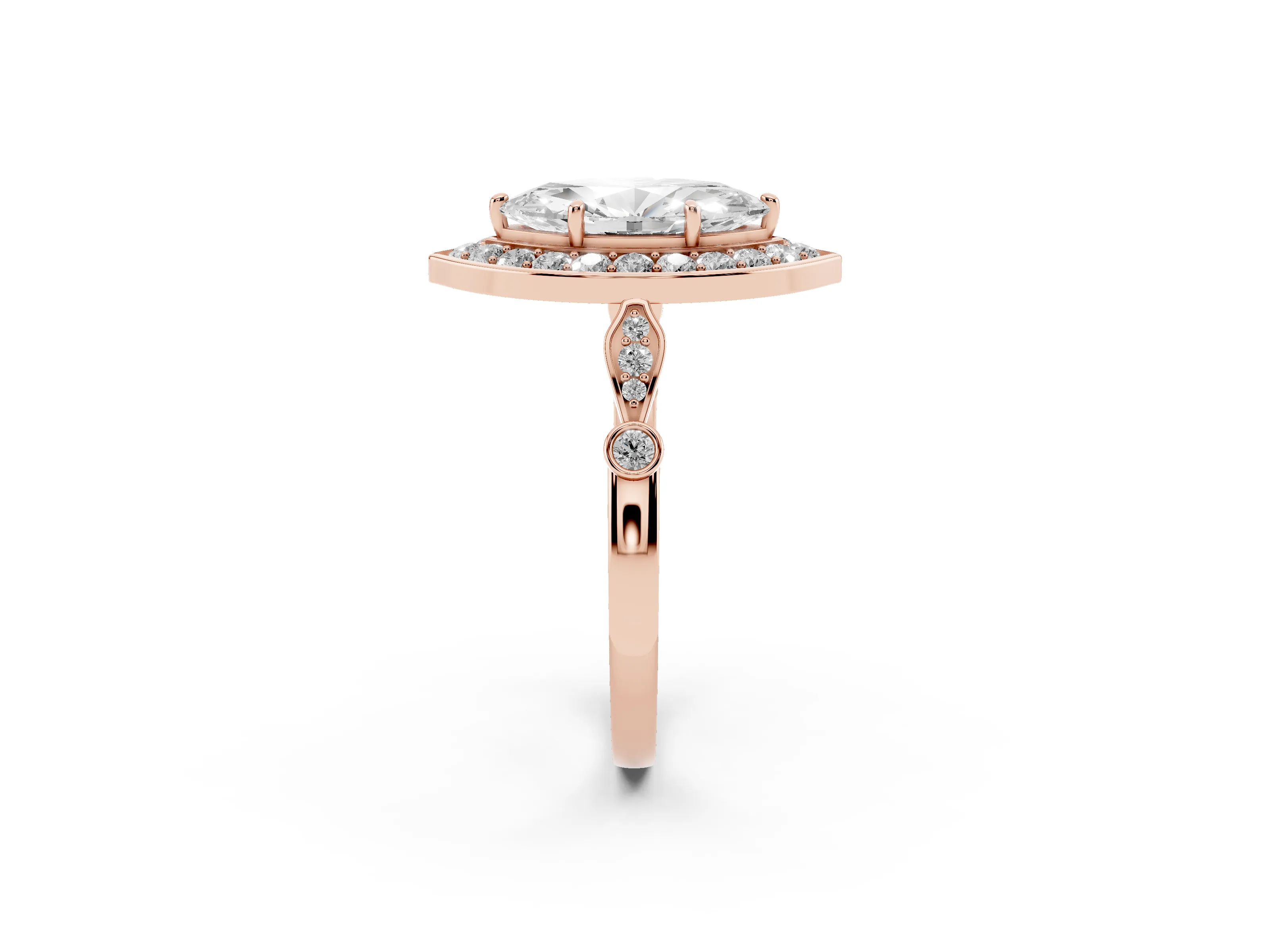 Marquise Cut Diamond Halo Engagement Ring Set in Rose gold with Twisted Band and Prong Setting