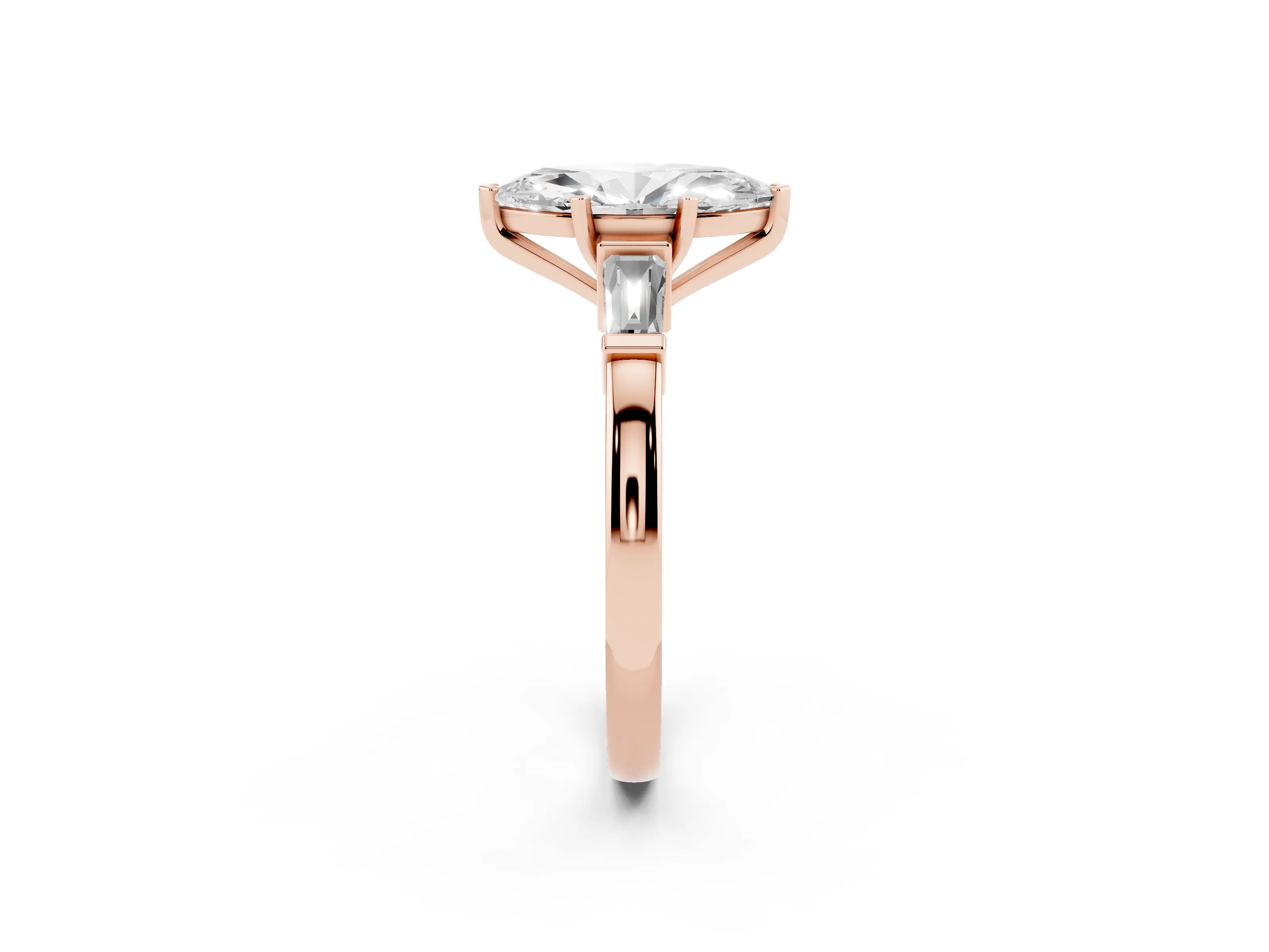 Marquise Cut Diamond Solitaire Ring Set in Rose gold with Tapered Baguette Accents and Prong Setting
