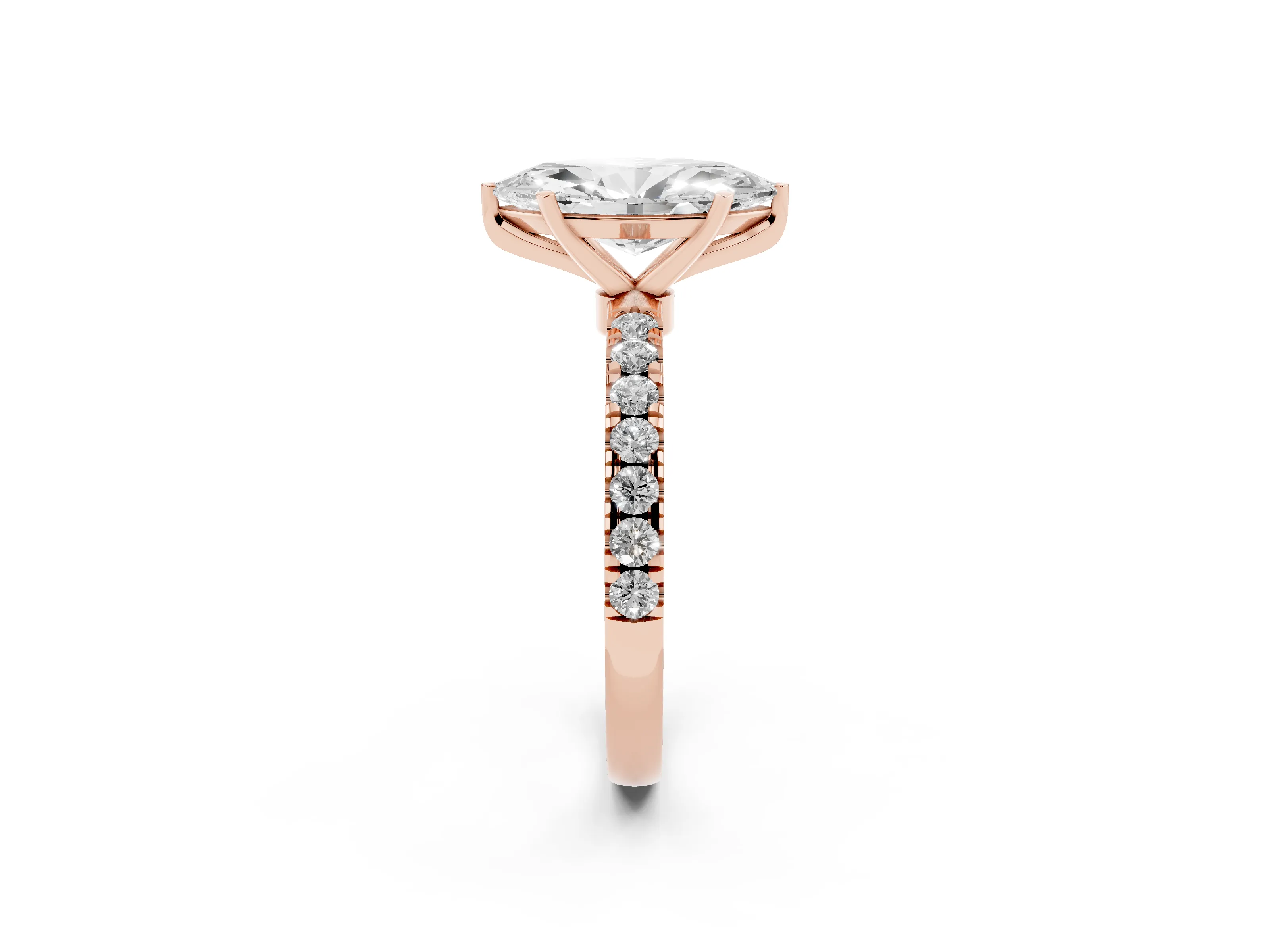 Marquise Cut Diamond Solitaire Ring Set in Rose gold with Pavé Accents and Prong Setting