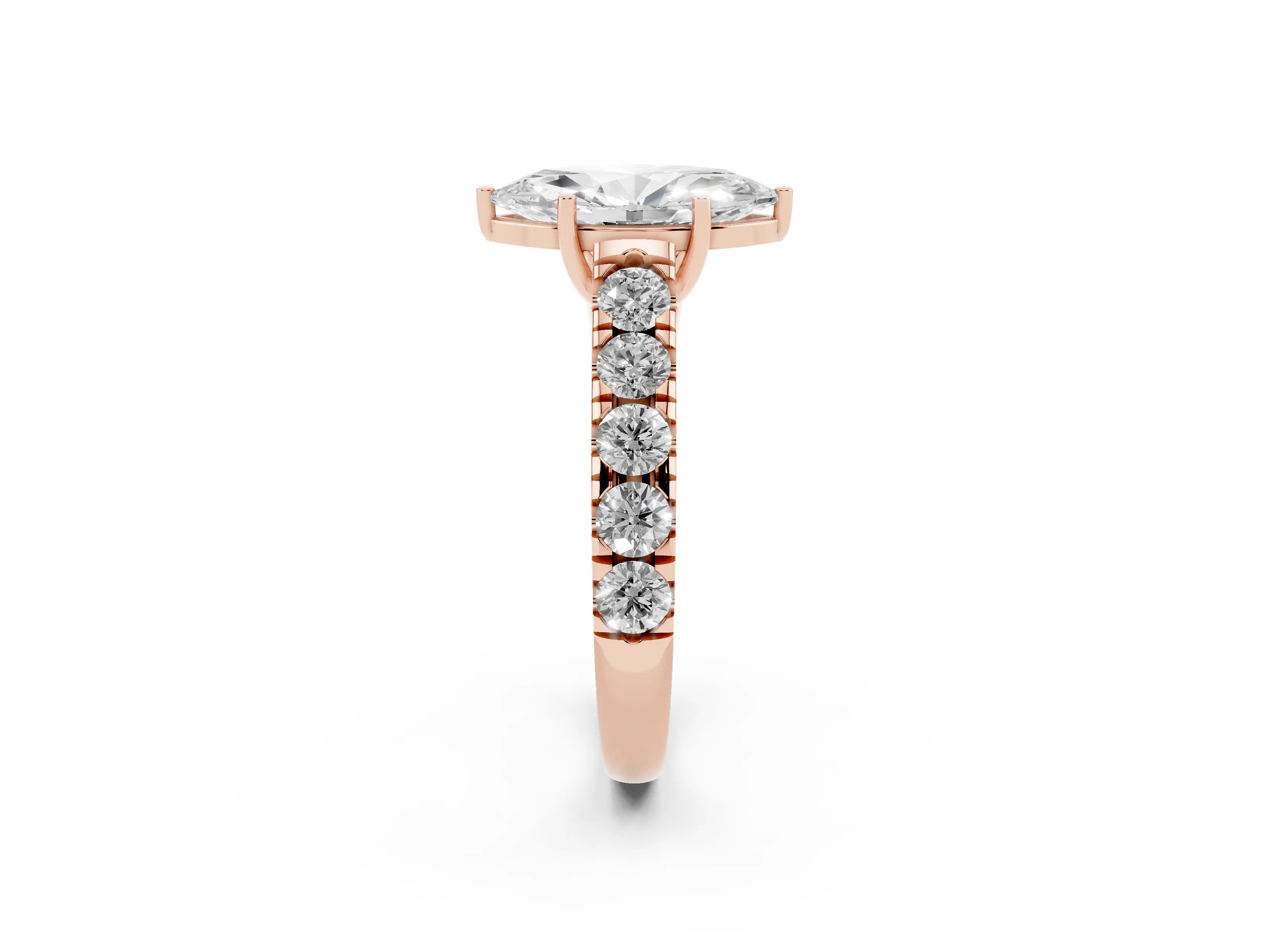 Marquise Cut Diamond Solitaire Ring Set in Rose gold with Cut-Down Micro Pavé Band and Prong Setting