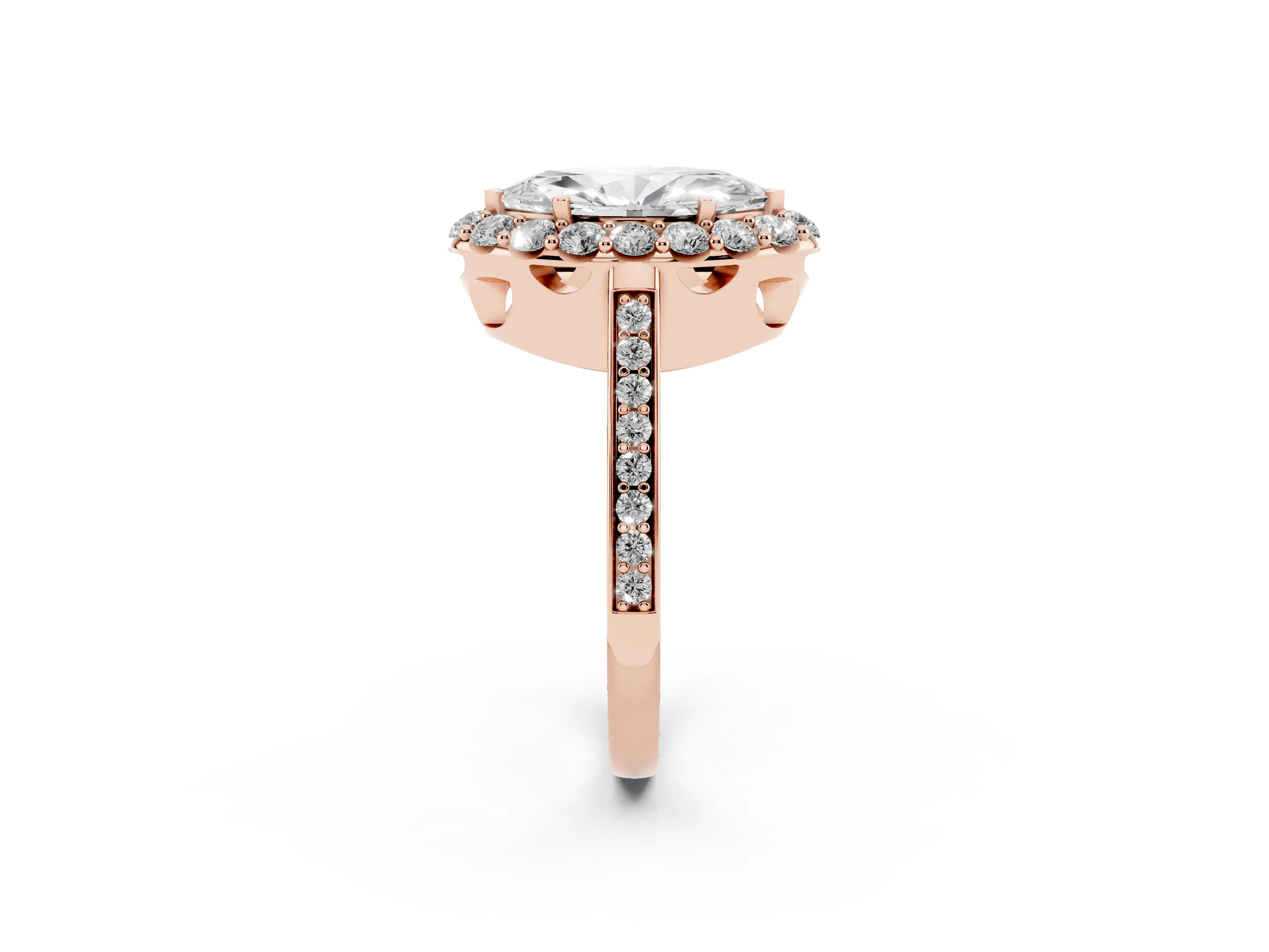 Marquise Cut Diamond Floral Halo Ring Set in Rose gold with Pavé Band and Prong Setting