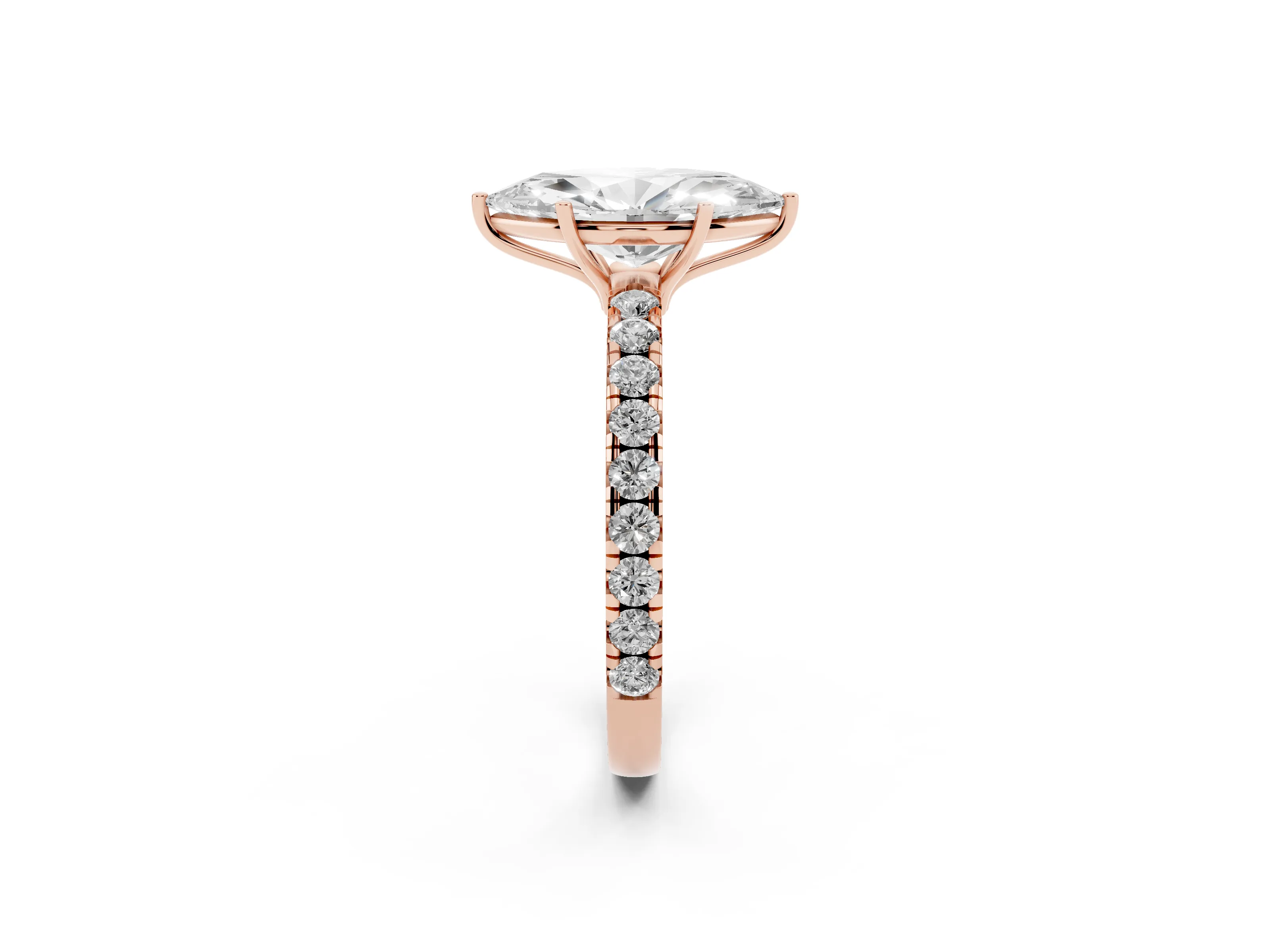 Marquise Cut Diamond Pavé Solitaire Engagement Ring Set in Rose gold with Prong Setting