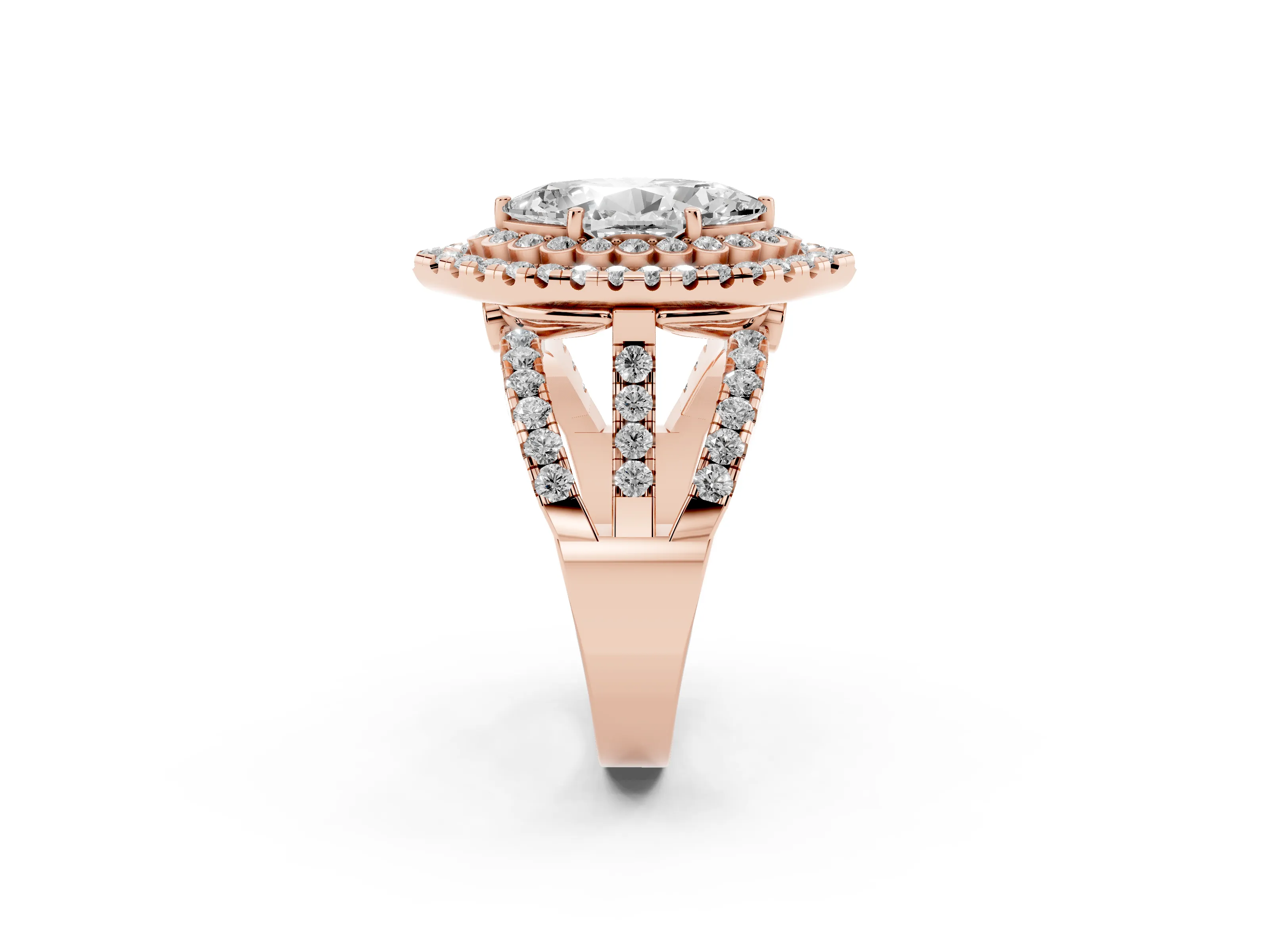 Marquise Cut Diamond Double Halo Ring Set in Rose gold with Round Pavé Split Shank