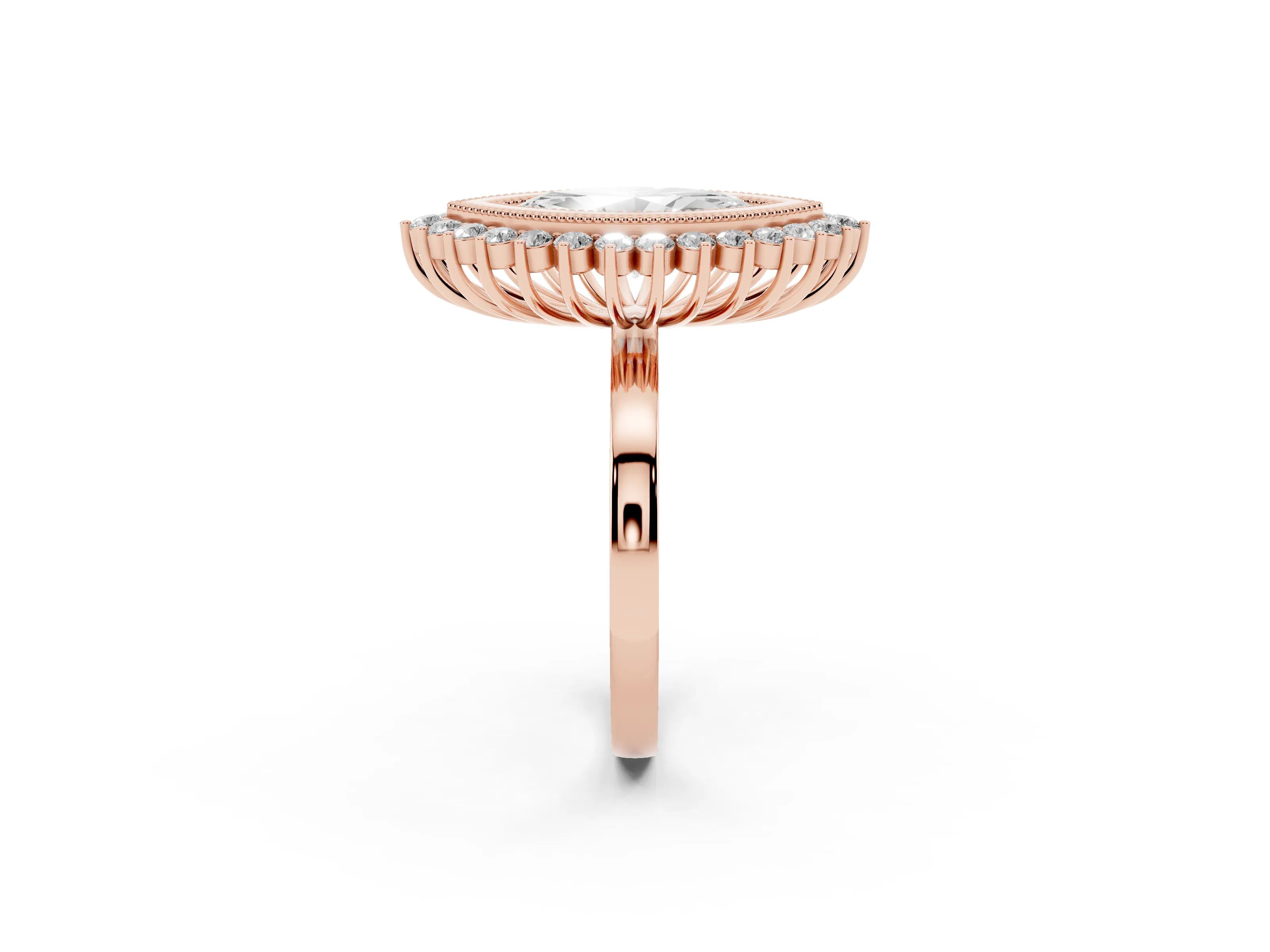 Marquise Cut Diamond Halo Ring Set in Rose gold with Milgrain Edge and Round Prong Setting
