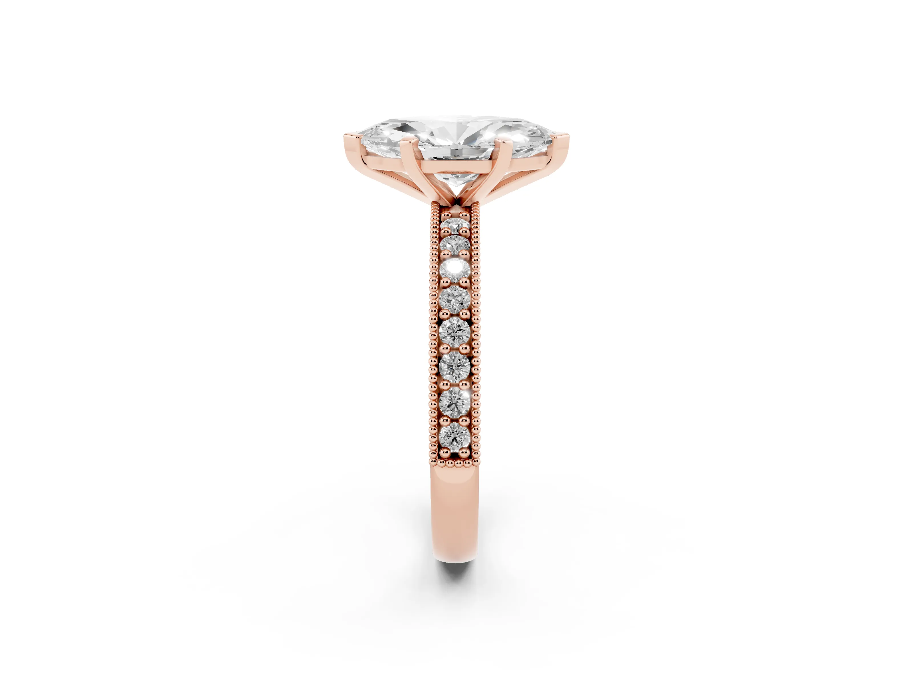 Marquise Cut Diamond Milgrain Pavé Engagement Ring Set in Rose gold with Prong Setting