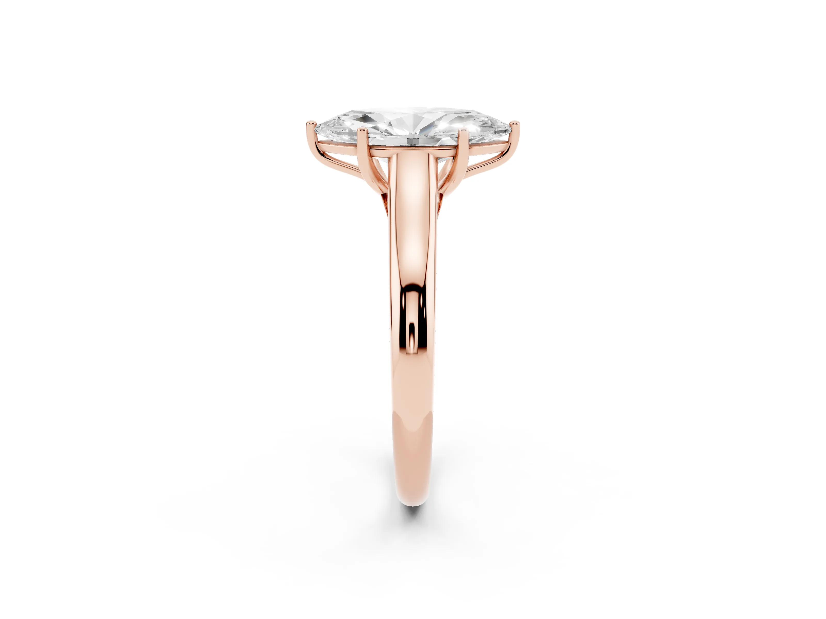 Marquise Cut Diamond Solitaire Engagement Ring Set in Rose gold with Subtly Tapered Band and Prong Setting