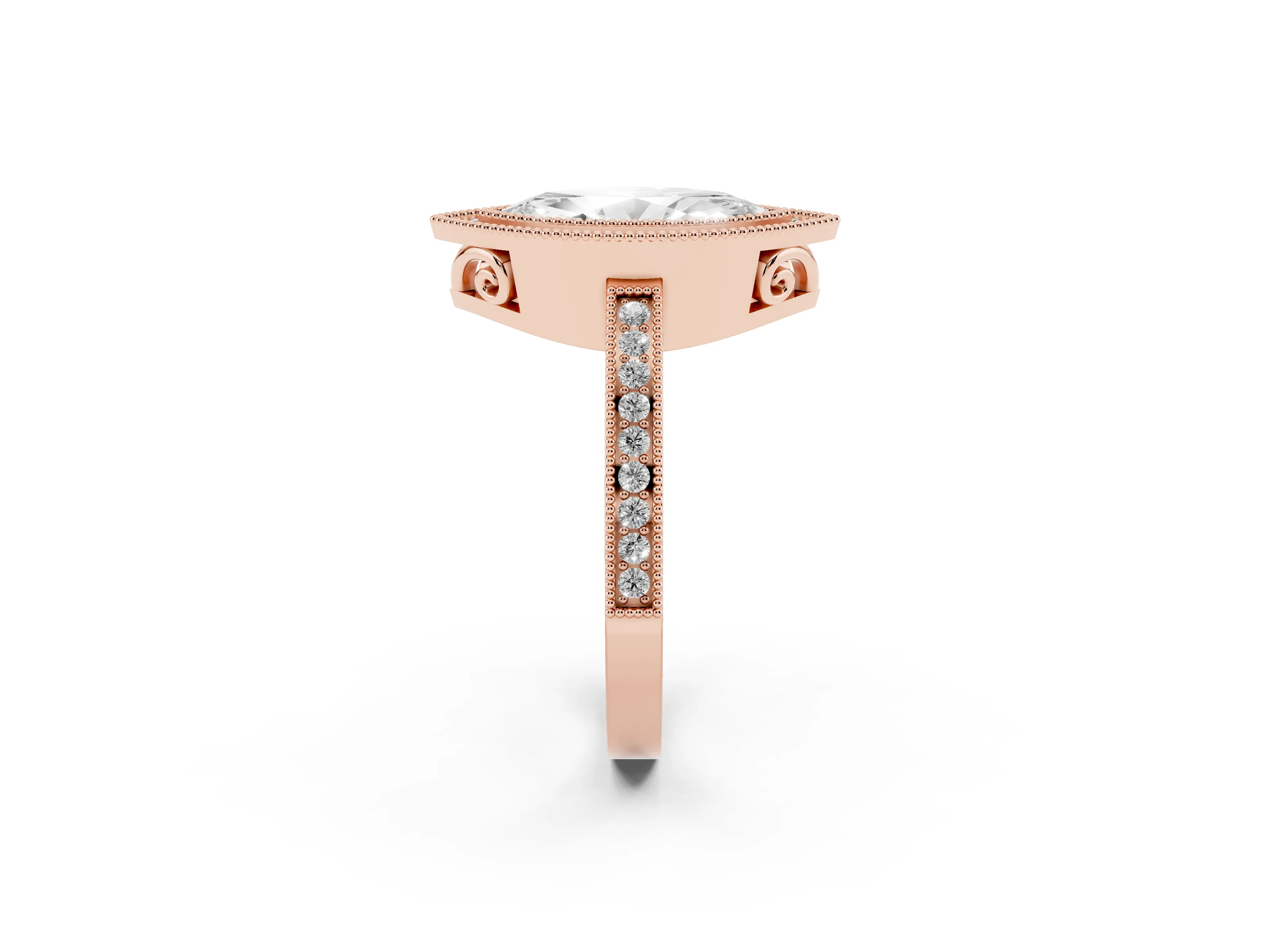 Marquise Cut Diamond Halo Ring Set in Rose gold with Pavé Band and Milgrain-Edged Prongs
