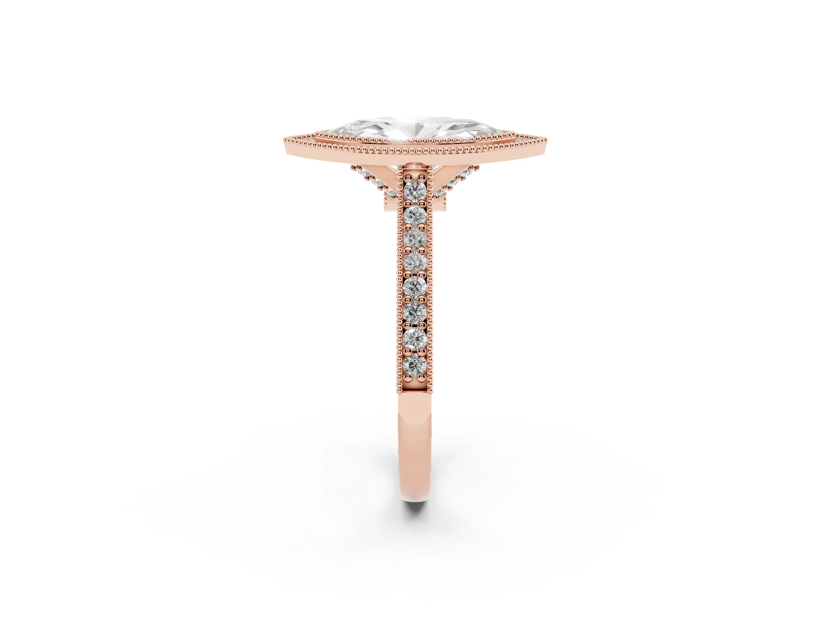 Marquise Cut Diamond Halo Milgrain Pavé Band Ring Set in Rose gold with Prong Setting