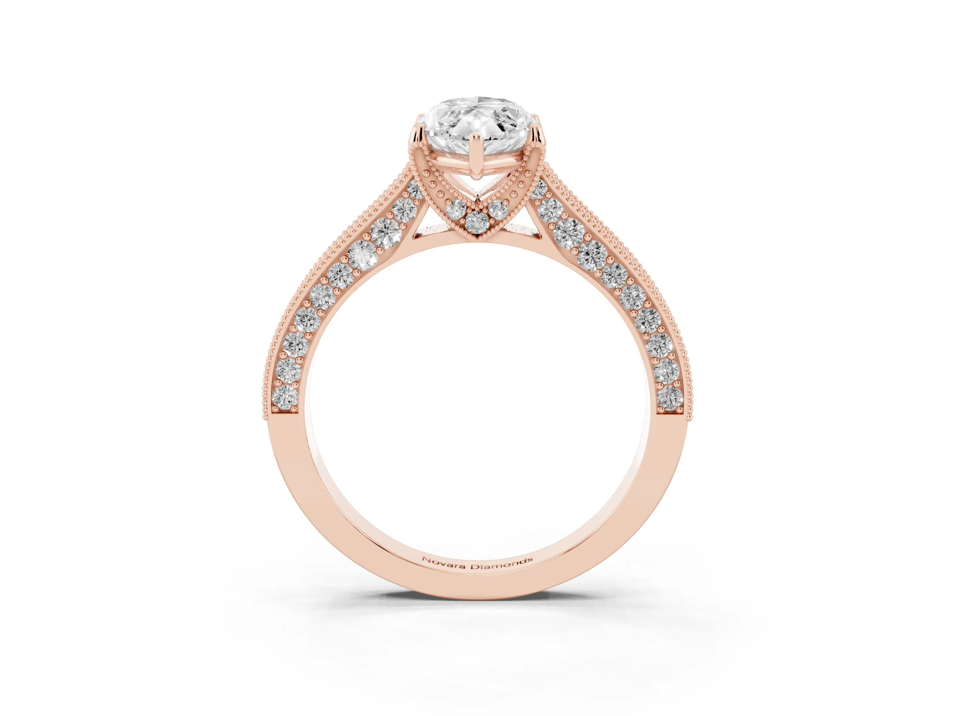 Marquise Cut Diamond Solitaire Ring Set in Rose gold with Milgrain-Edged Pavé Band and Prong Setting