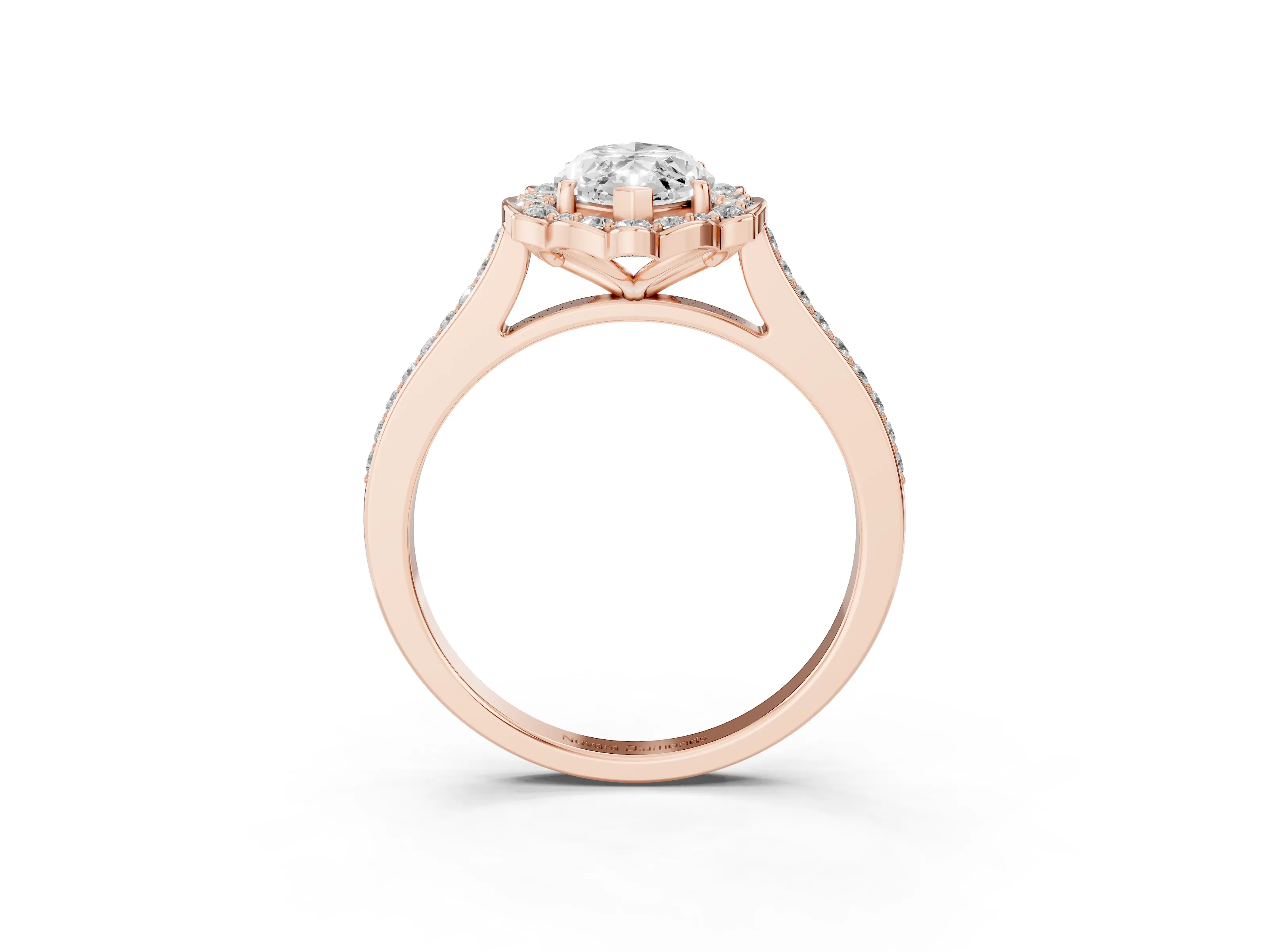 Marquise Cut Diamond Halo Ring Set in Rose gold with Pavé-Lined Shoulders and Prong Setting