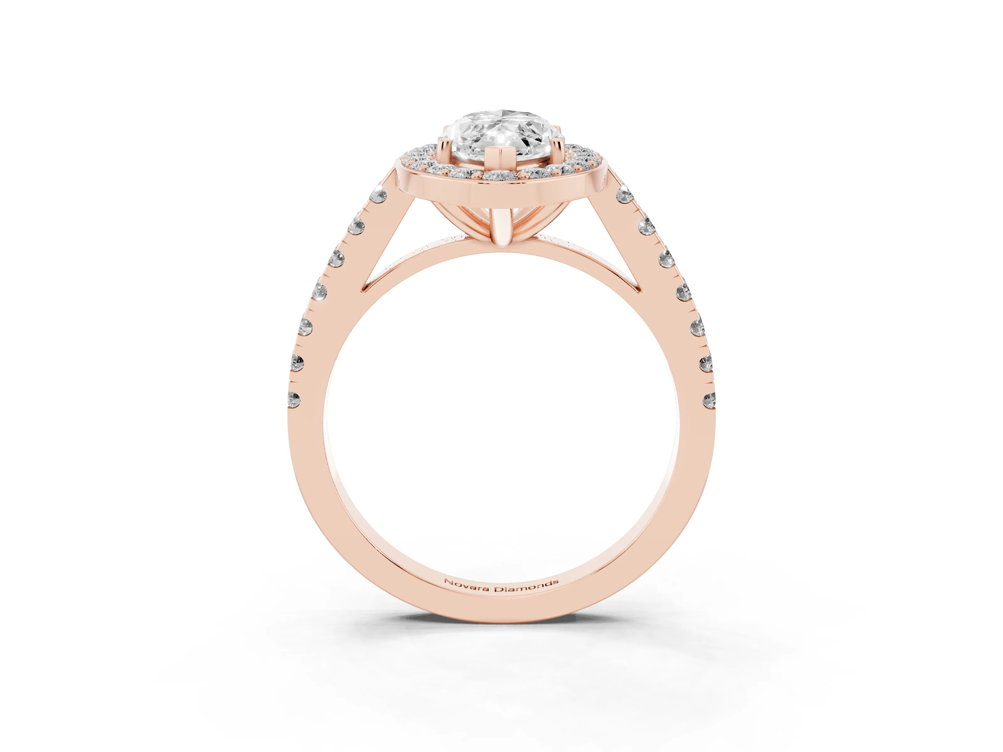 Marquise Cut Diamond Halo Ring Set in Rose gold with Round Pavé Split Shank and Prong Setting