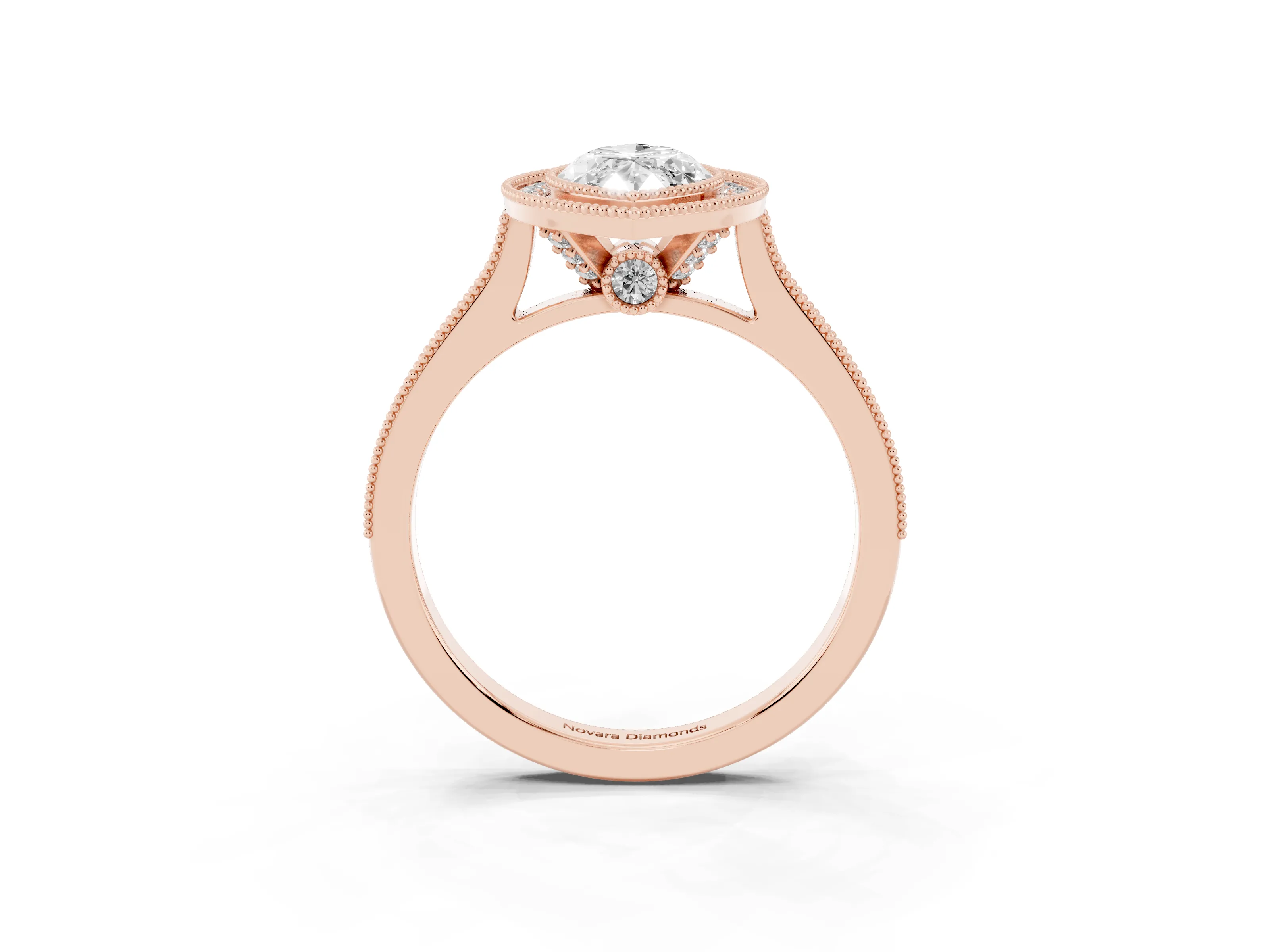 Marquise Cut Diamond Halo Milgrain Pavé Band Ring Set in Rose gold with Prong Setting