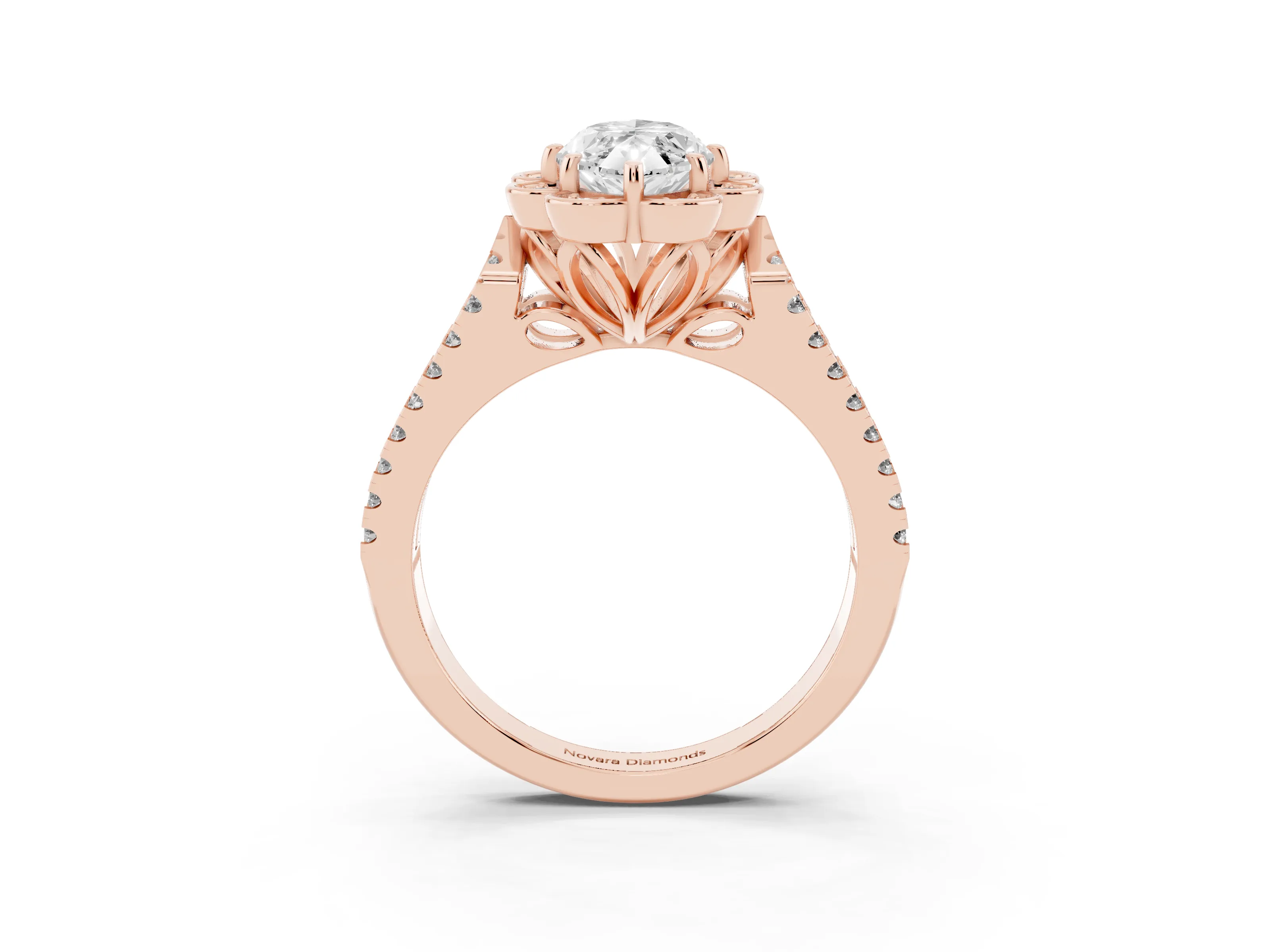 Marquise Cut Diamond Floral Halo Split Shank Engagement Ring Set in Rose gold with Pavé Shank