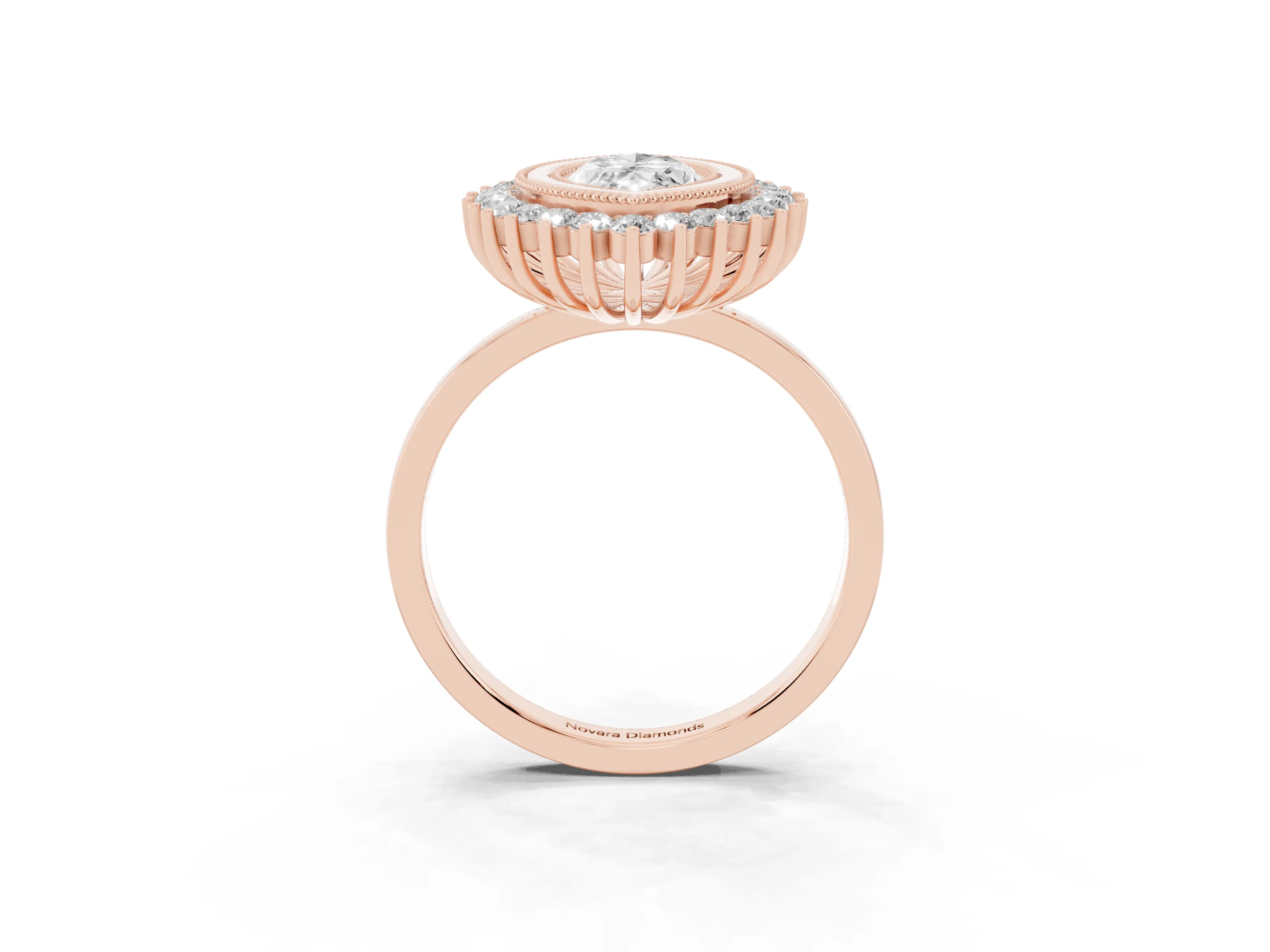 Marquise Cut Diamond Halo Ring Set in Rose gold with Milgrain Edge and Round Prong Setting
