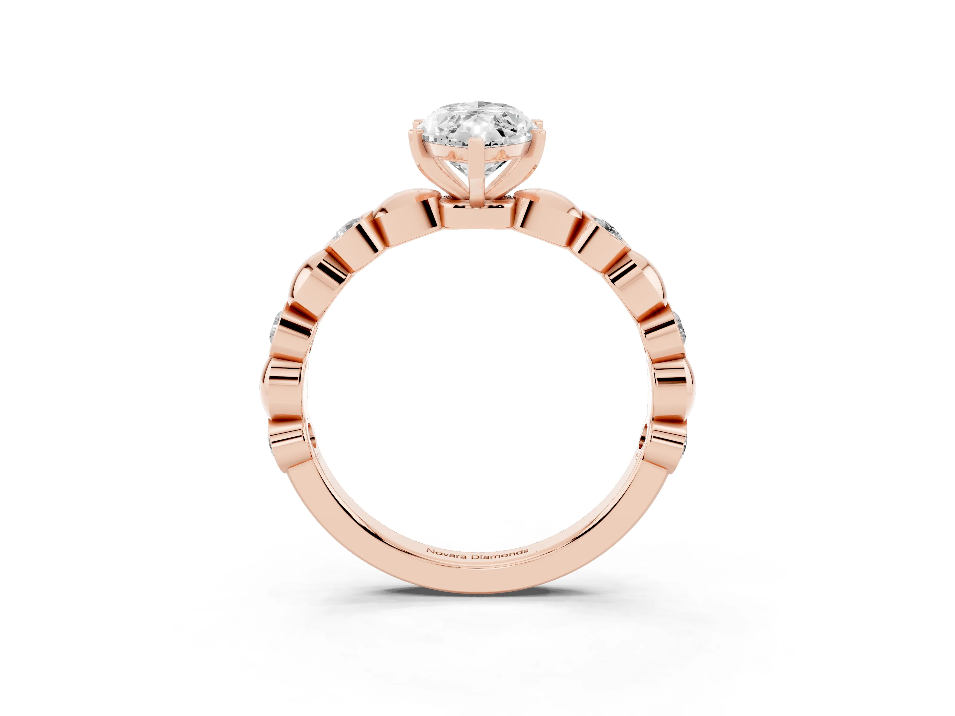 Marquise Cut Diamond Solitaire Ring Set in Rose gold with Bezel-Set Accents on Beaded Band and Prong Setting