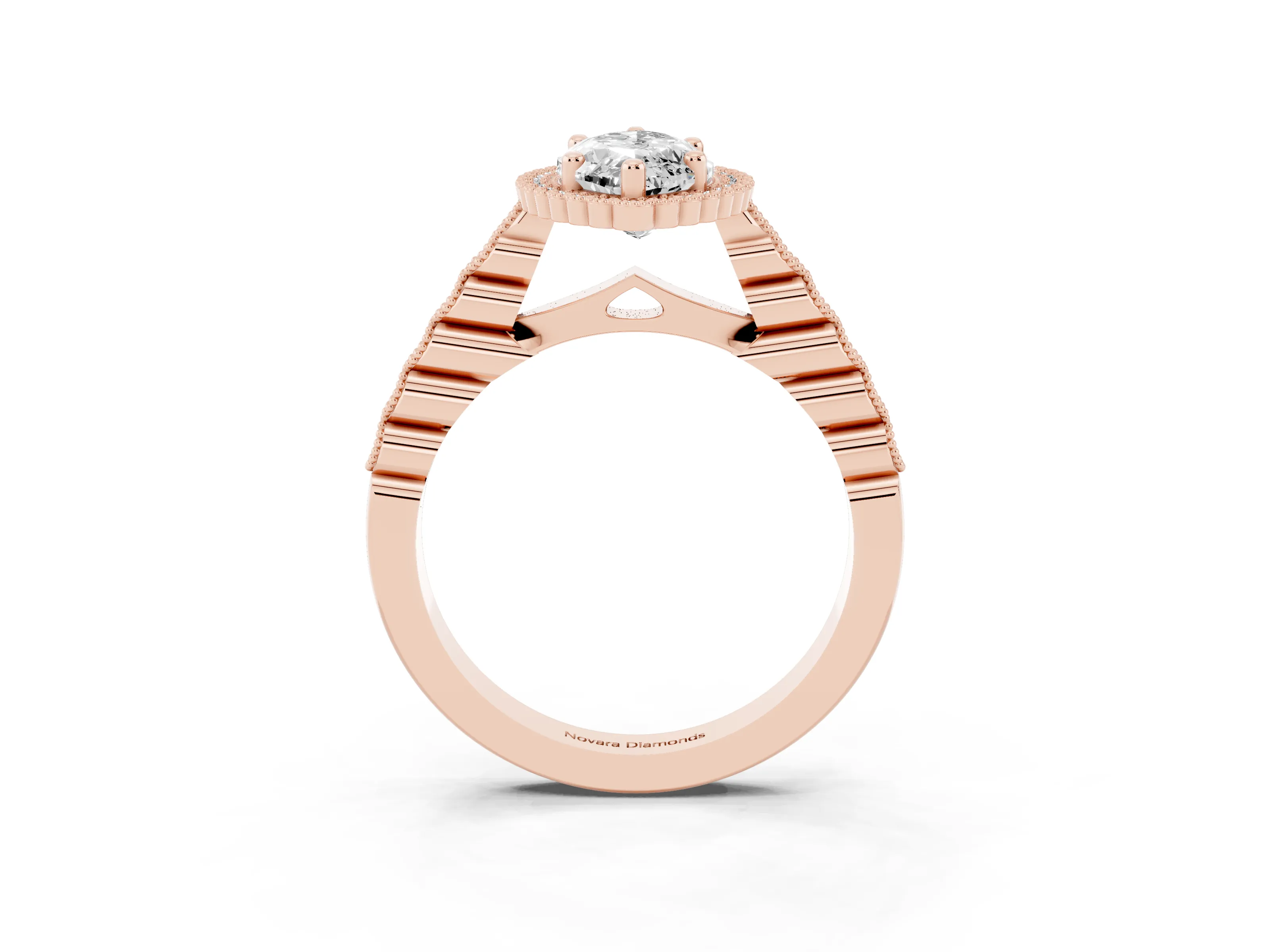 Marquise Cut Diamond Halo Ring Set in Rose gold with Pavé Milgrain Band