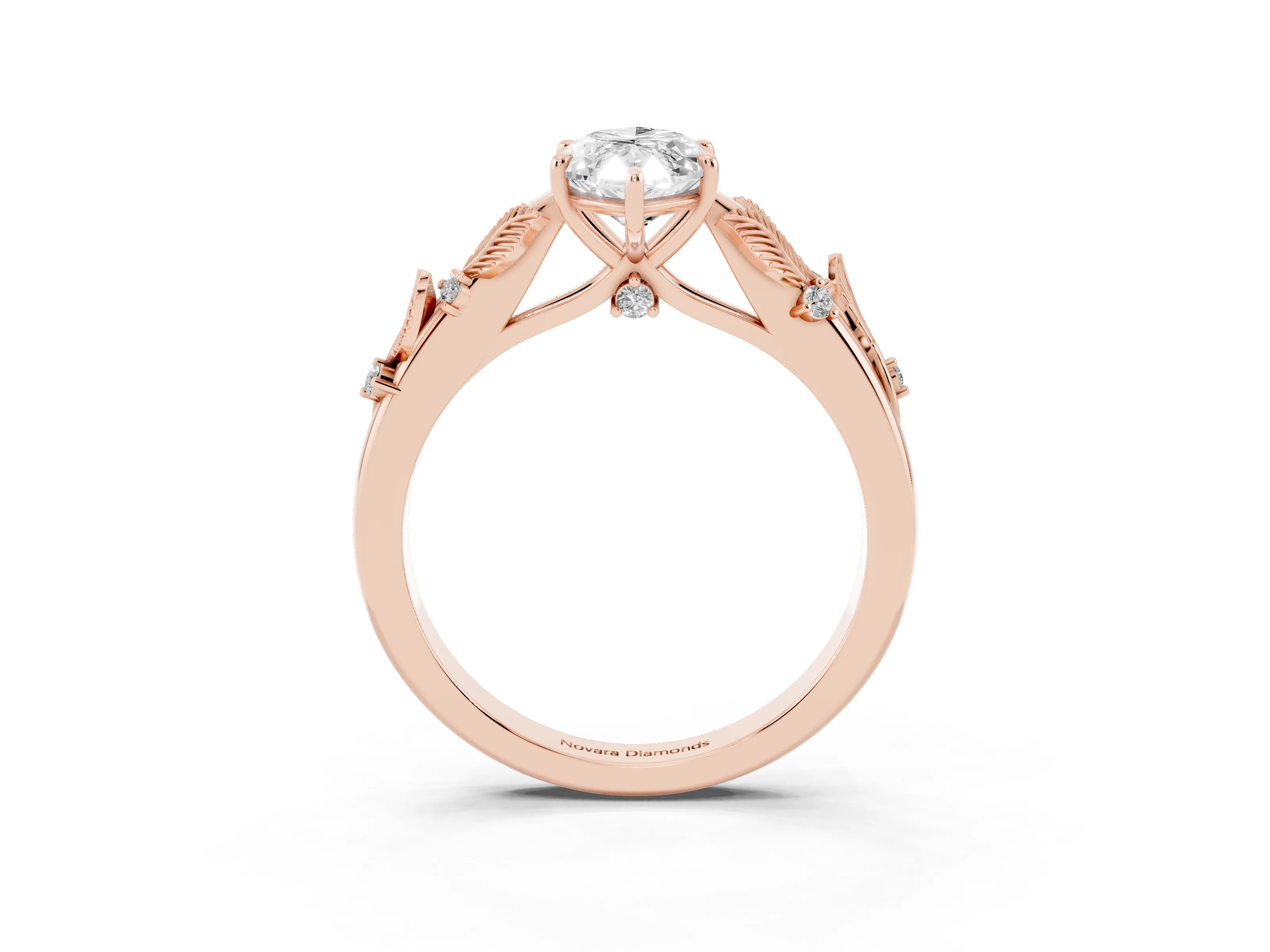 Marquise Cut Diamond Solitaire Ring Set in Rose gold with Leaf Motif Band