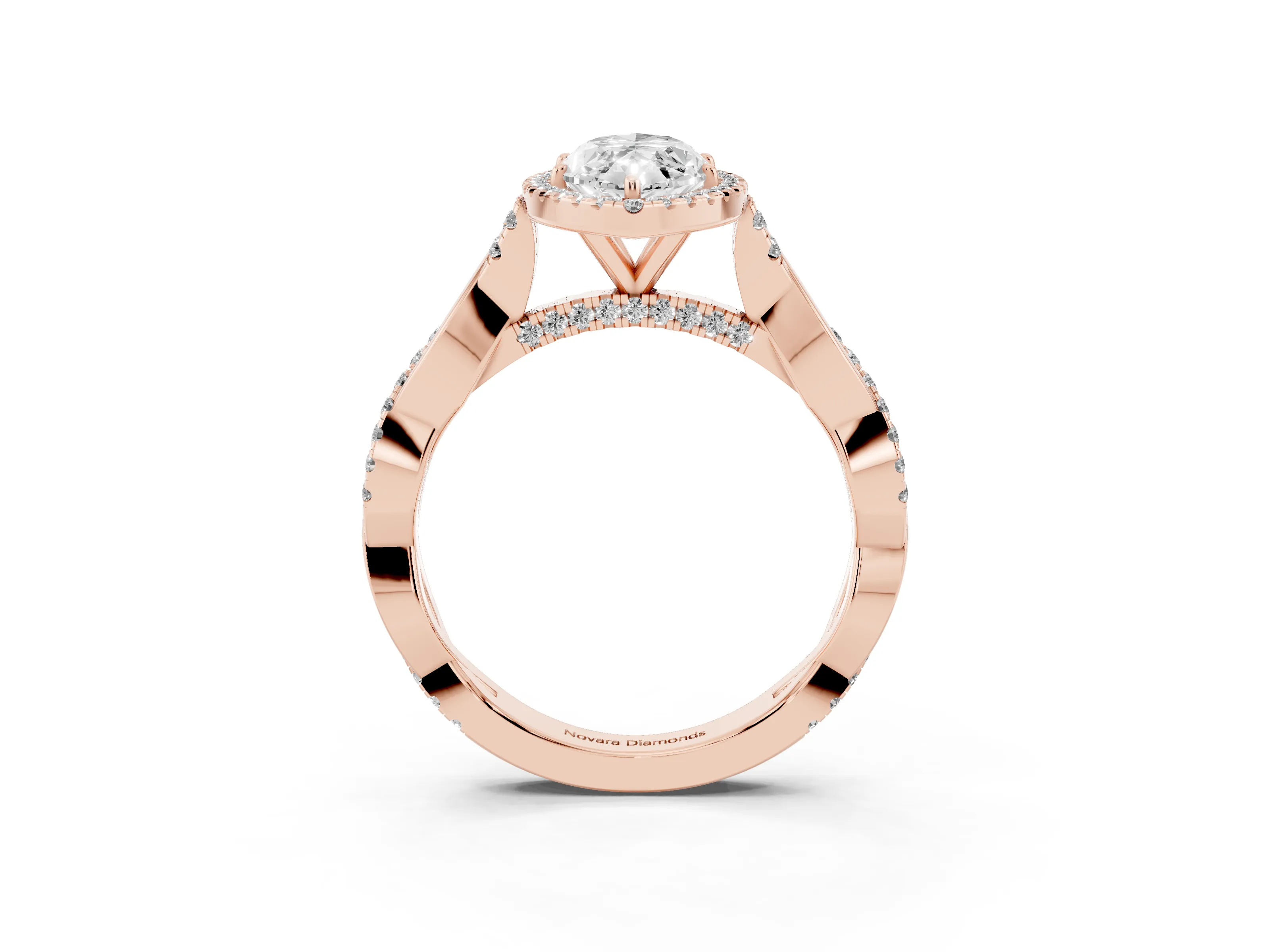 Marquise Cut Diamond Halo Twist Band Solitaire Ring Set in Rose gold with Prong Setting