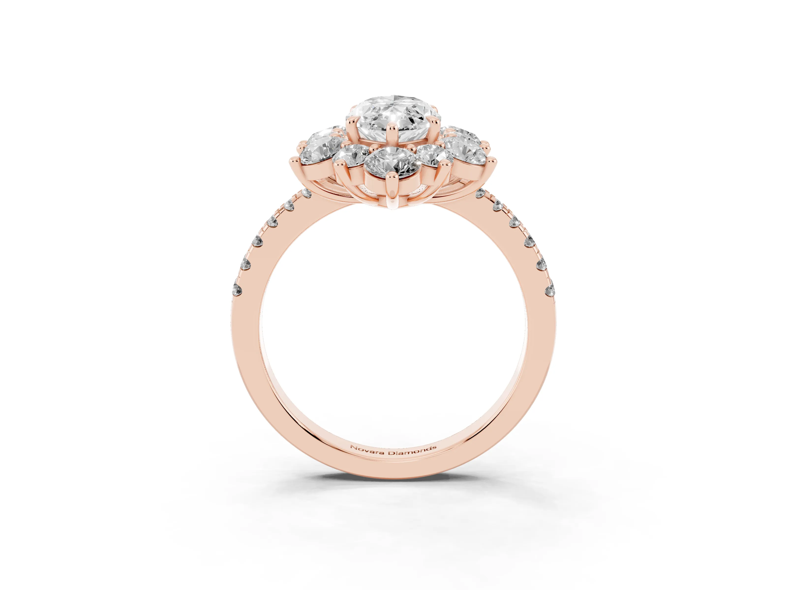 Marquise Cut Diamond Floral Halo Ring Set in Rose gold with Round Pavé Band and Prong Setting