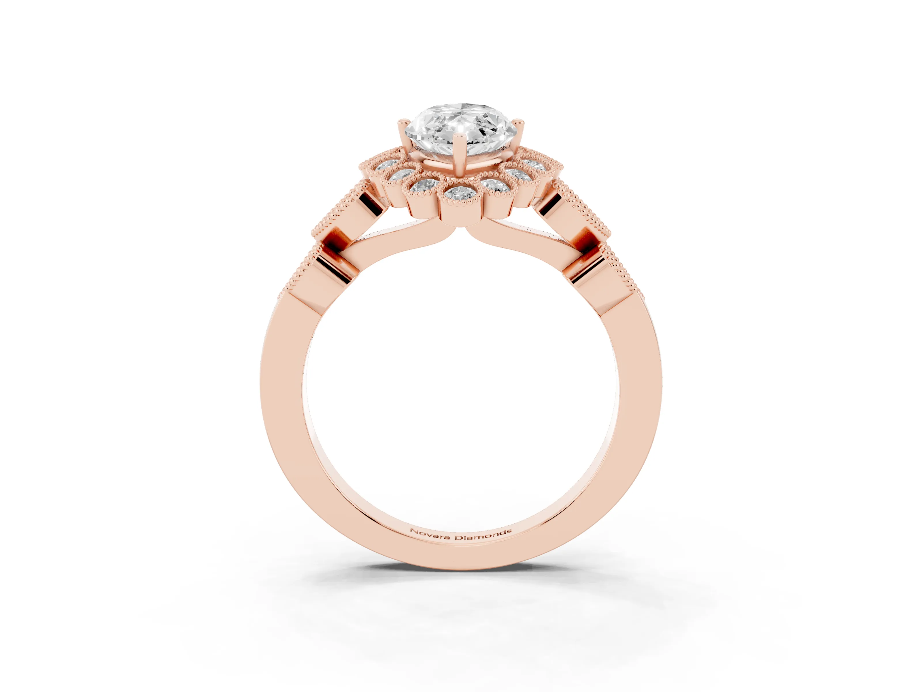 Marquise Cut Diamond Solitaire Ring Set in Rose gold with Milgrain Pavé Heart Band