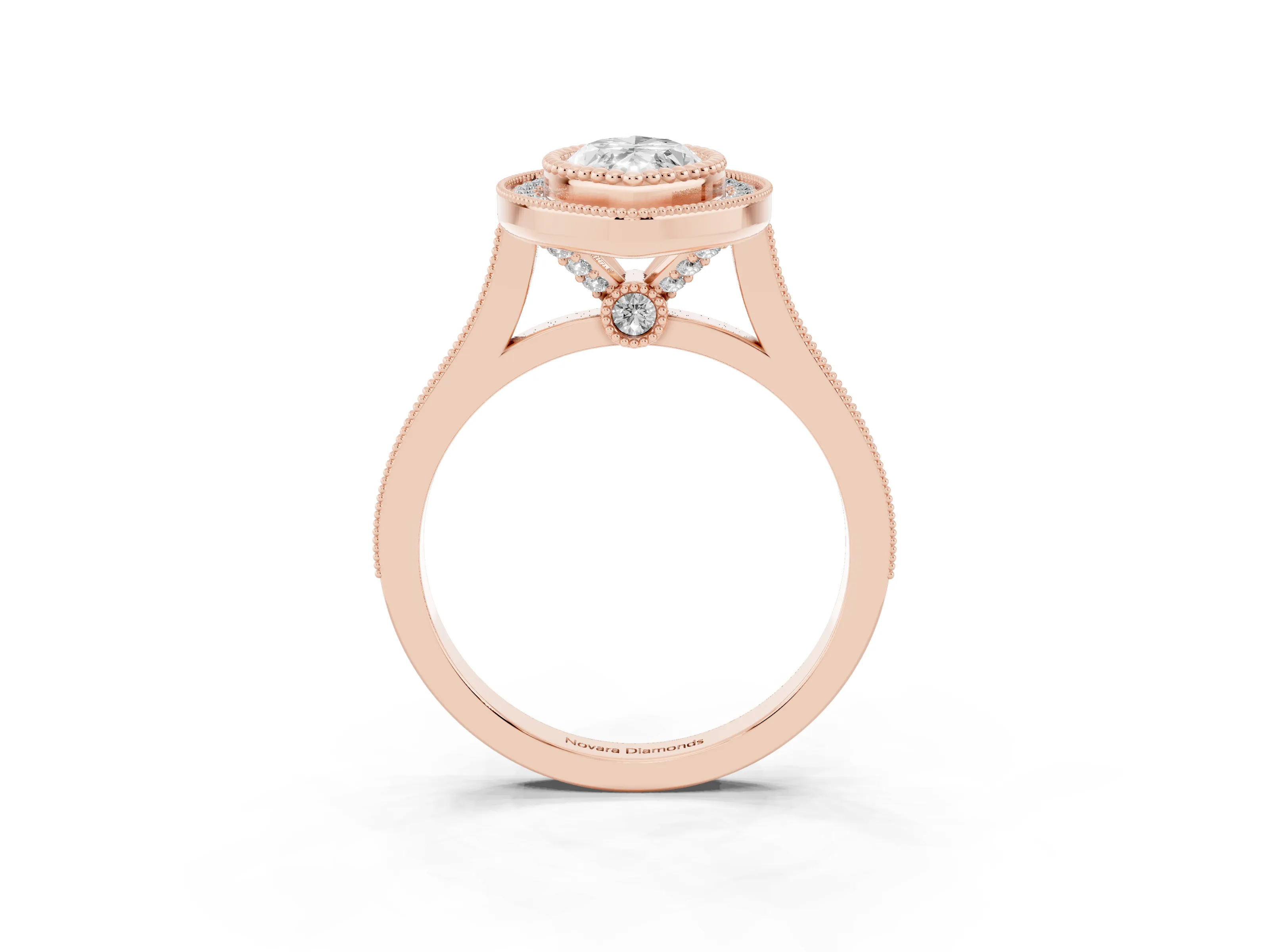 Marquise Cut Diamond Halo Ring Set in Rose gold with Milgrain Frame and Pavé Band