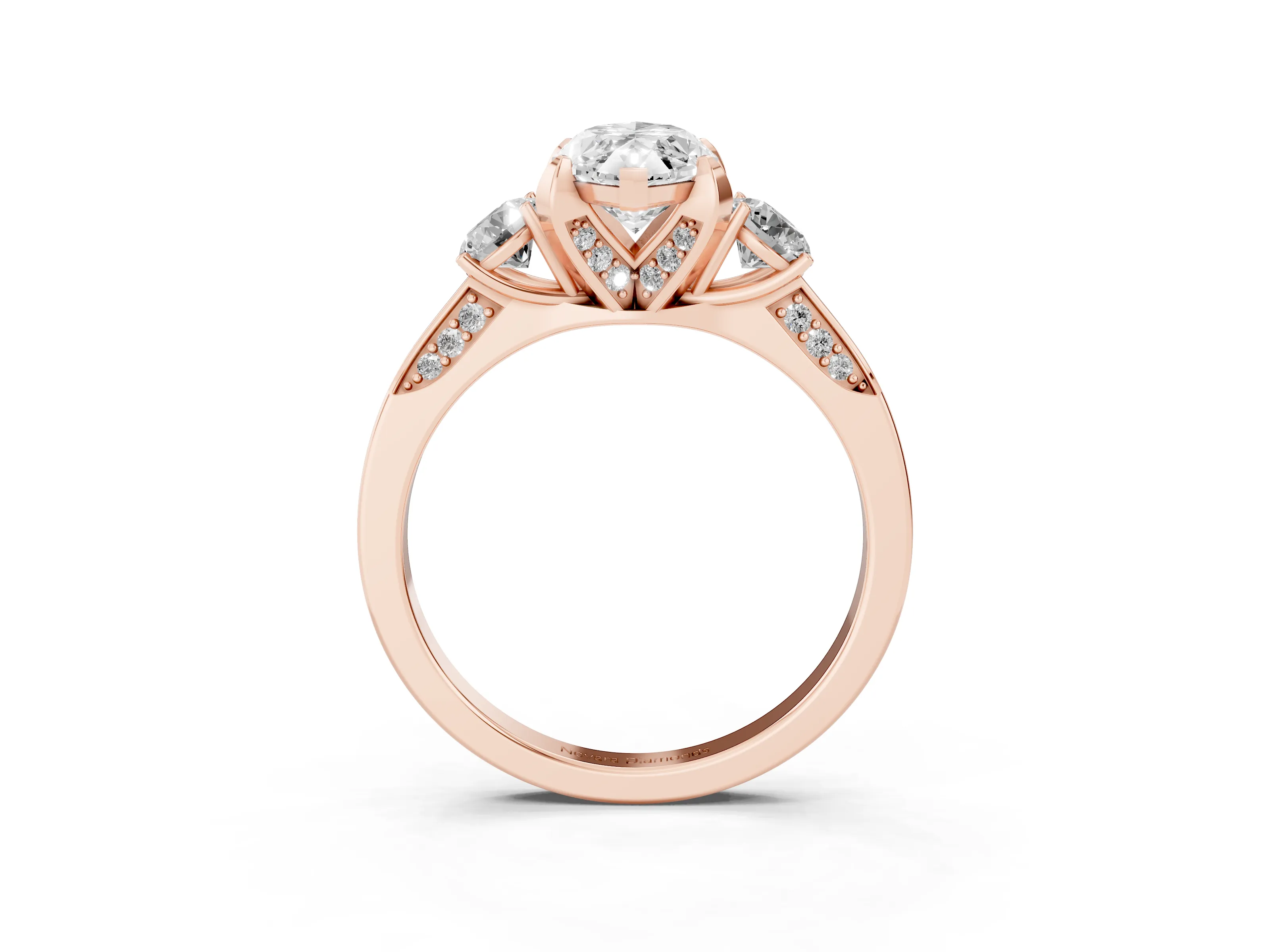 Marquise Cut Diamond Three-Stone Ring Set in Rose gold with Pavé Band and Smaller Side Stones