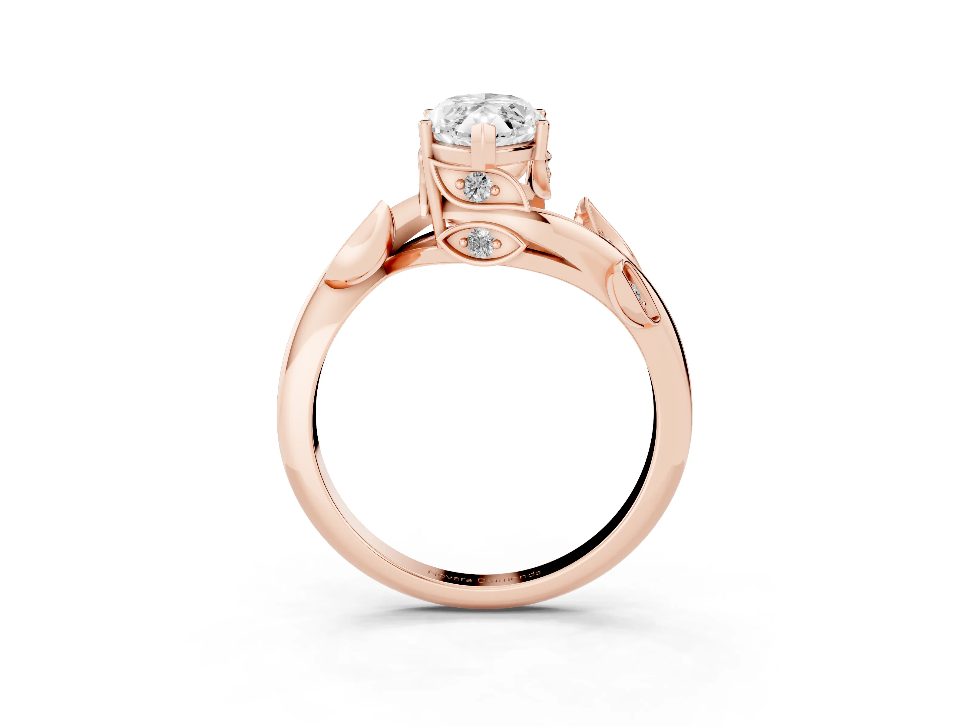 Marquise Cut Diamond Solitaire Twist Engagement Ring Set in Rose gold with Pavé Leaf Accents