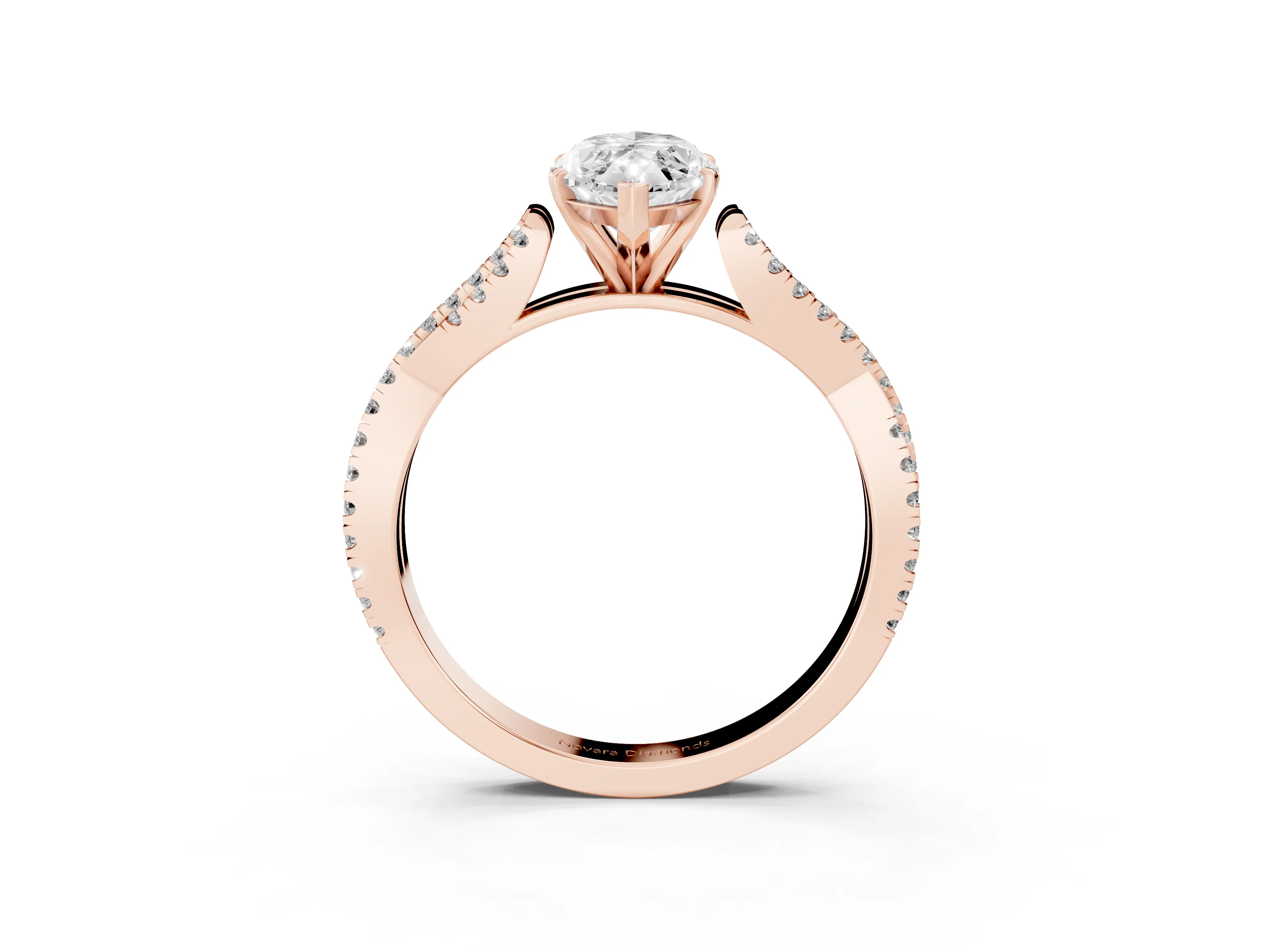 Marquise Cut Diamond Solitaire Engagement Ring Set in Rose gold with Twisted Pavé Band and Prong Setting