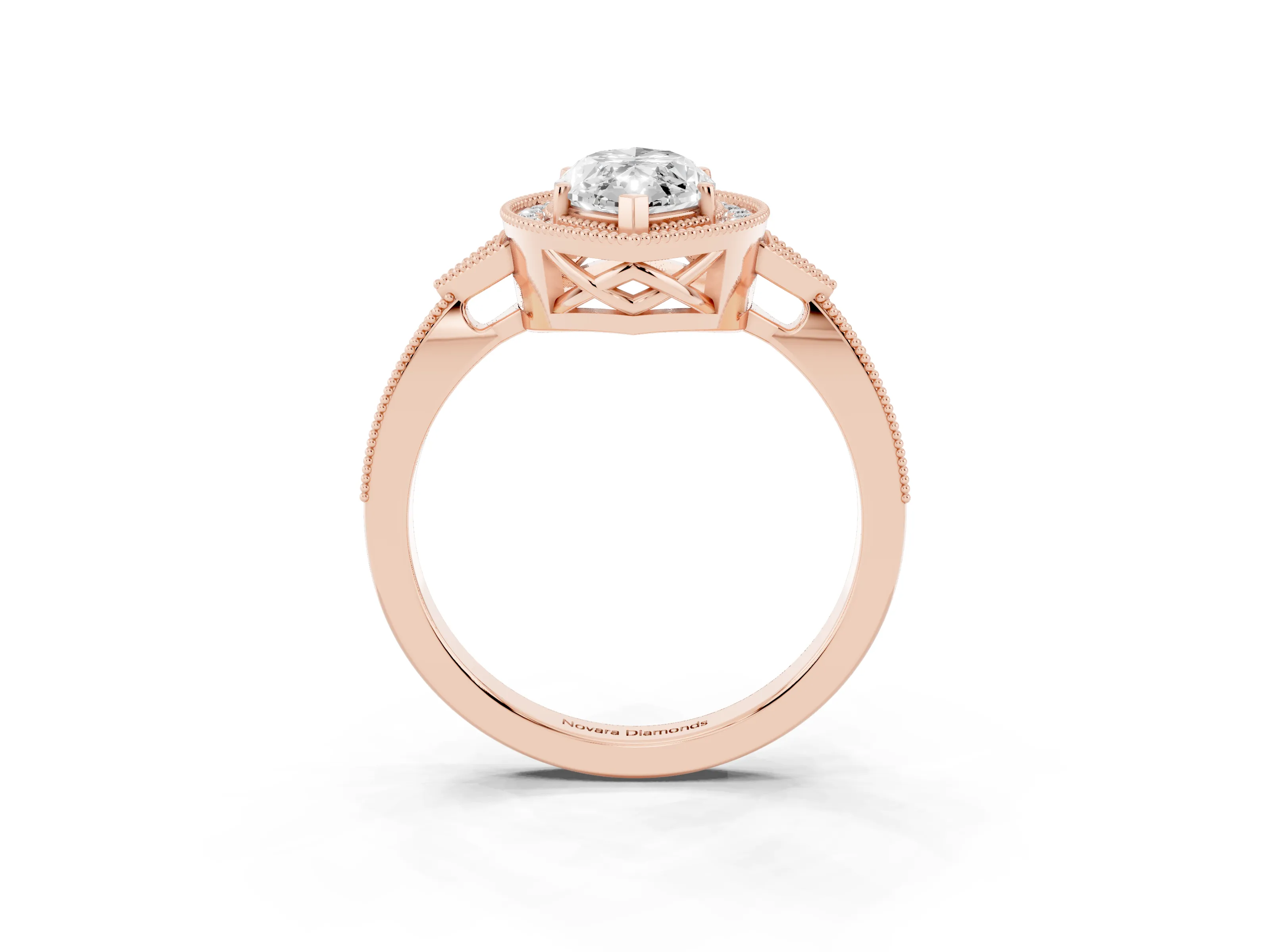 Marquise Cut Diamond Halo Engagement Ring Set in Rose gold with Milgrain Pavé Band