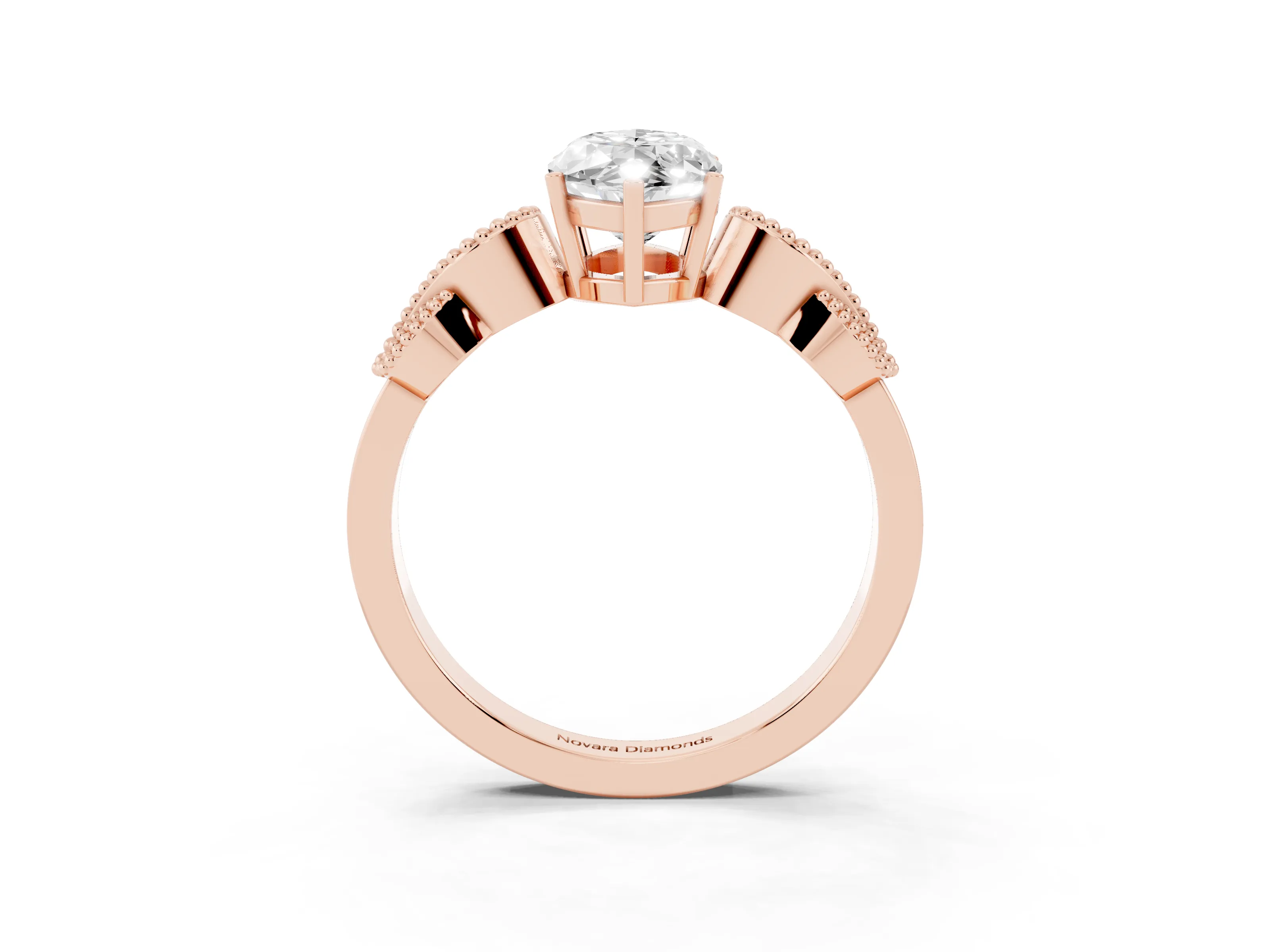 Marquise Cut Diamond Milgrain Leaf Band Solitaire Ring Set in Rose gold with Accent Stones and Prong Setting