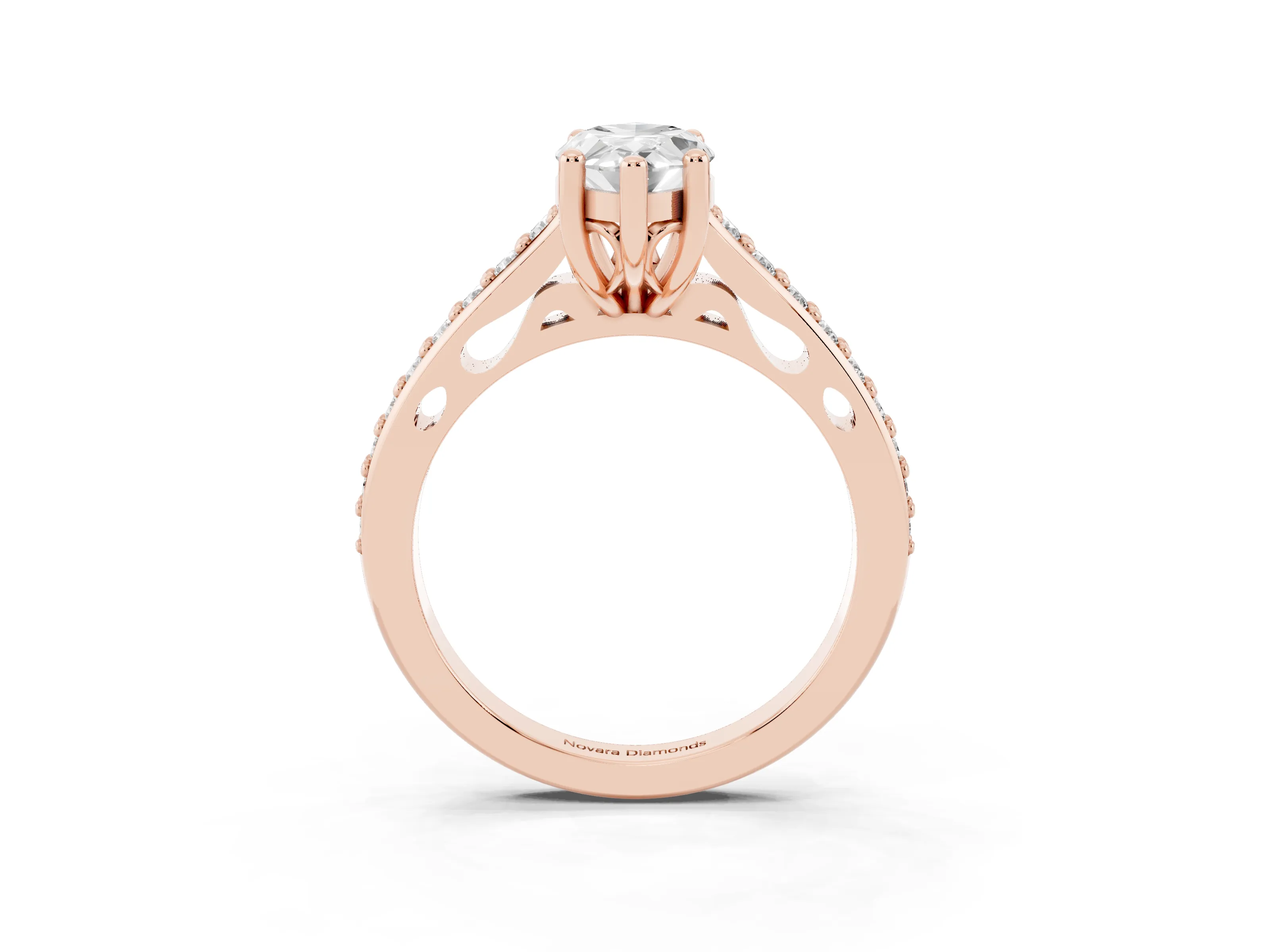 Marquise Cut Diamond Prong Set Solitaire Engagement Ring Set in Rose gold with Pavé Band