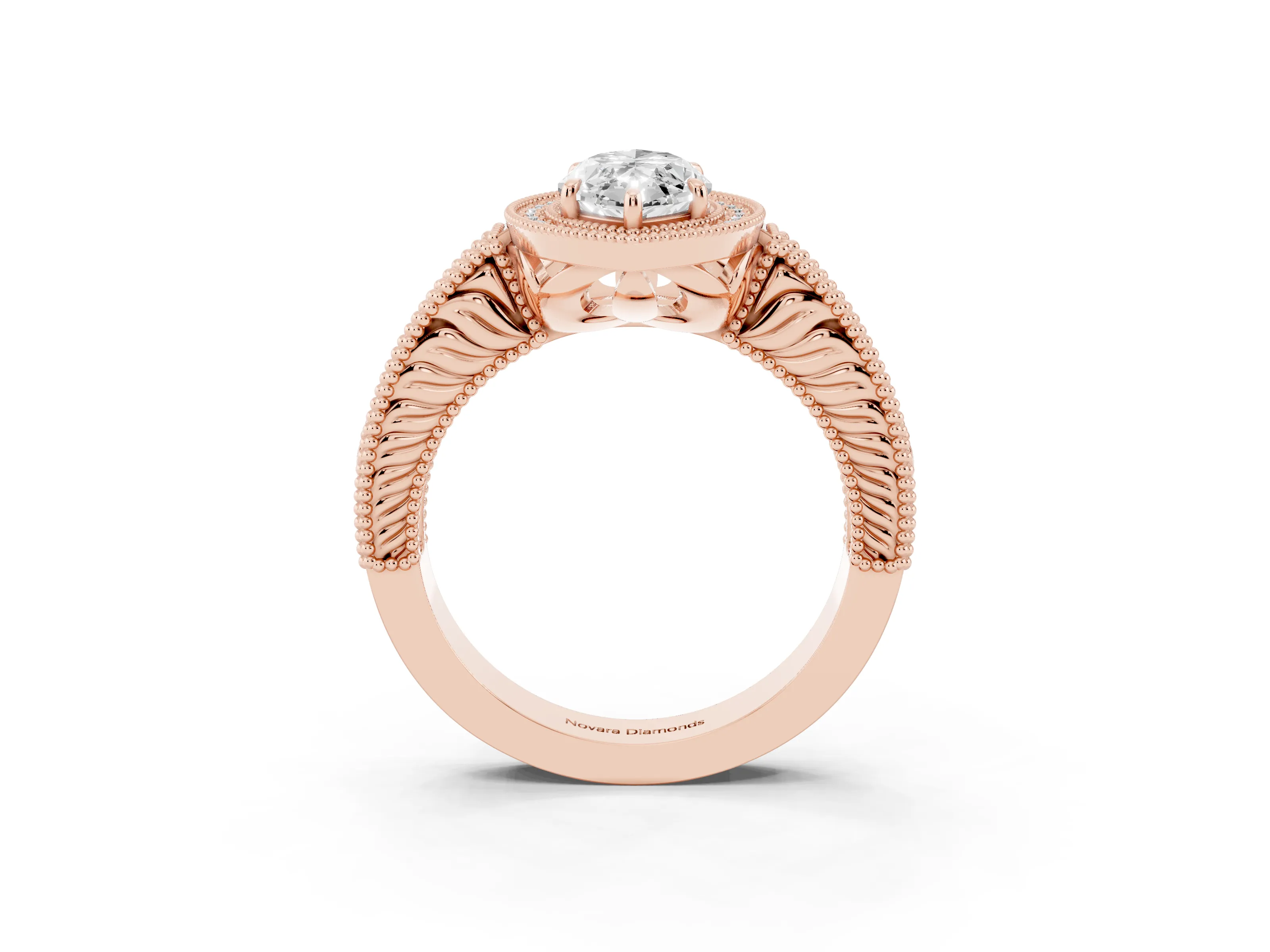 Marquise Cut Diamond Halo Ring Set in Rose gold with Round Accent Halo, Pavé Band and Prong Setting