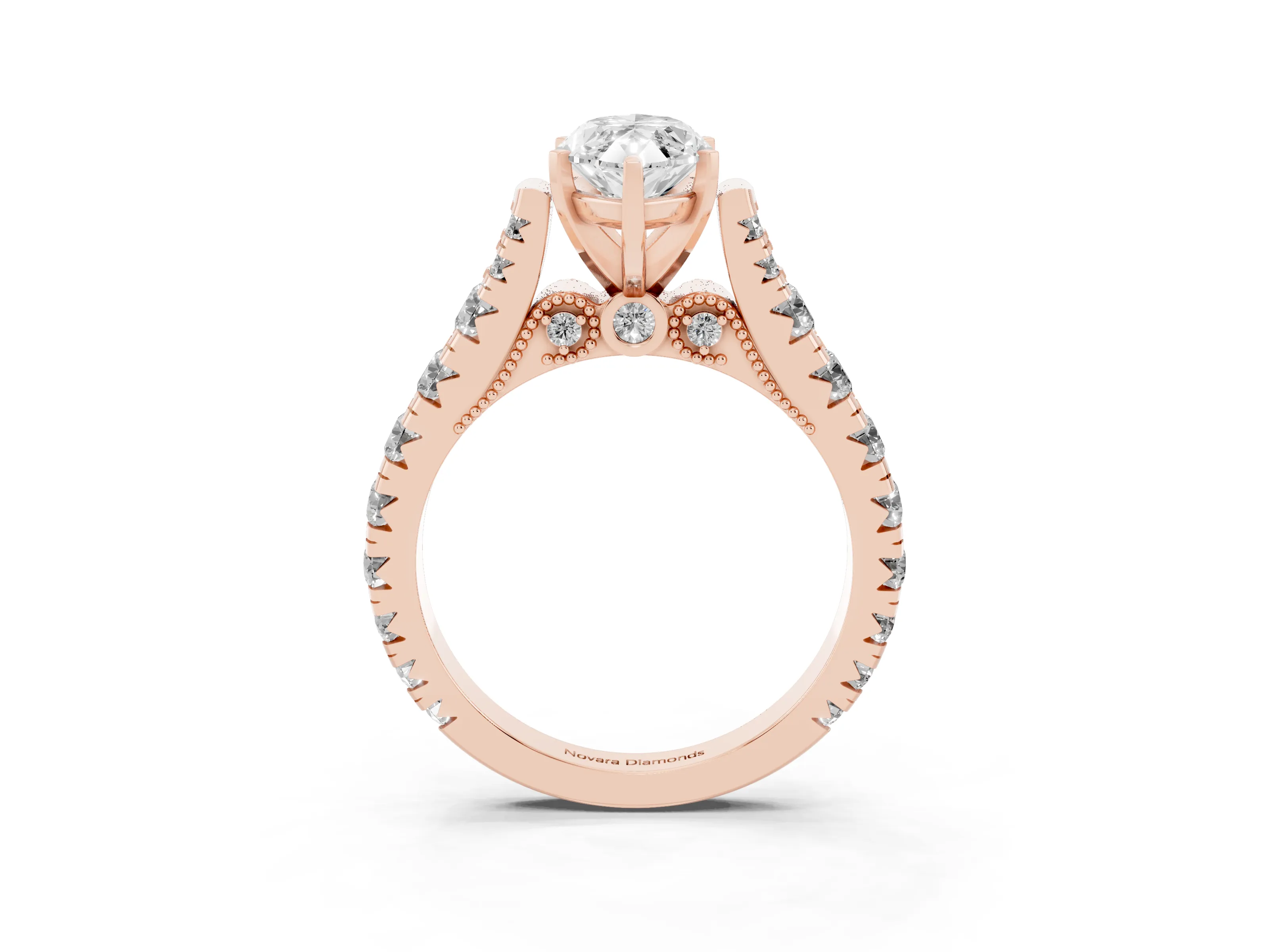 Marquise Cut Diamond Classic Solitaire Ring Set in Rose gold with Pavé Band and Prong Setting