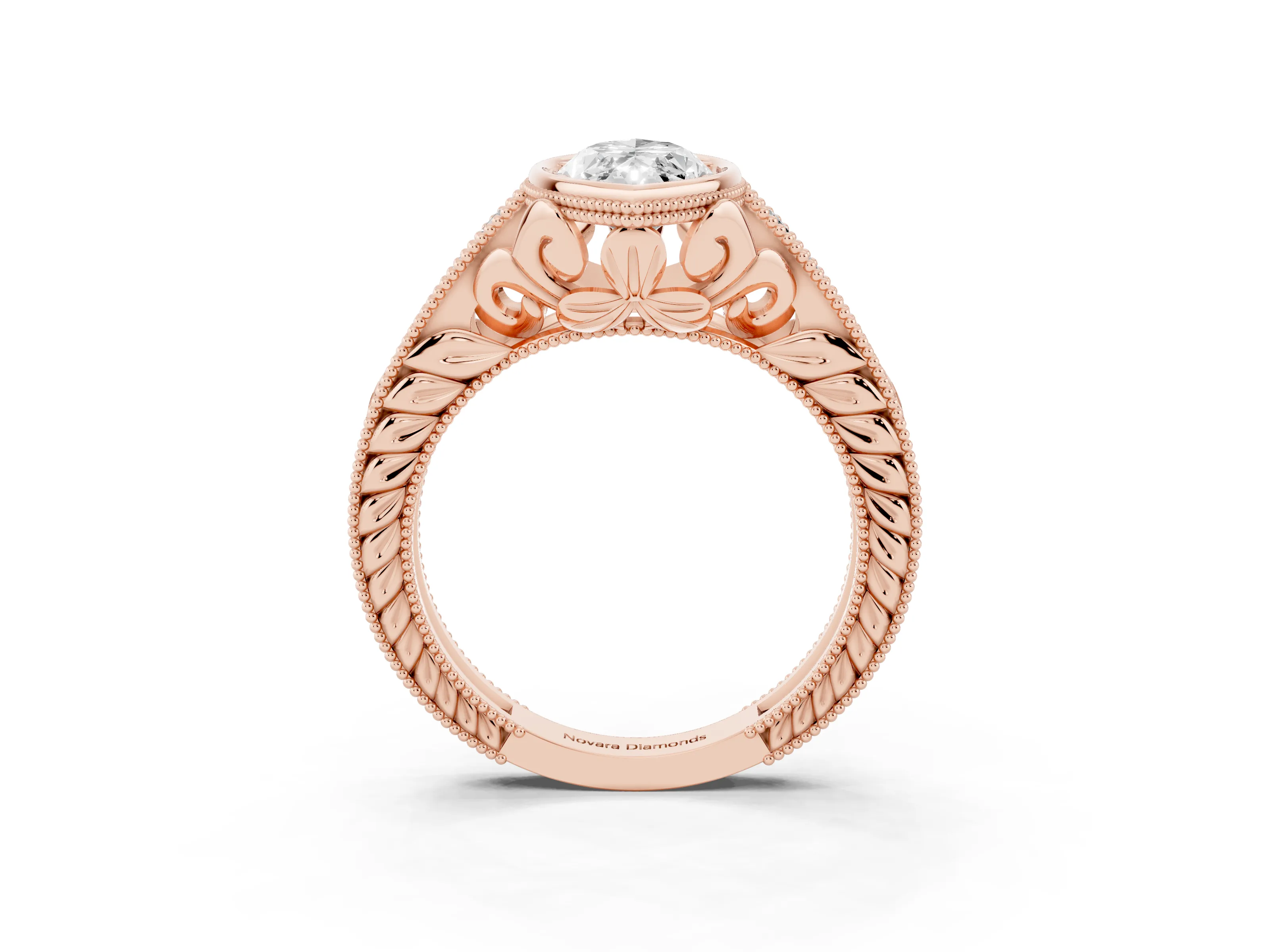 Bezel Set Marquise Cut Diamond Milgrain Pavé Engagement Ring Set in Rose gold