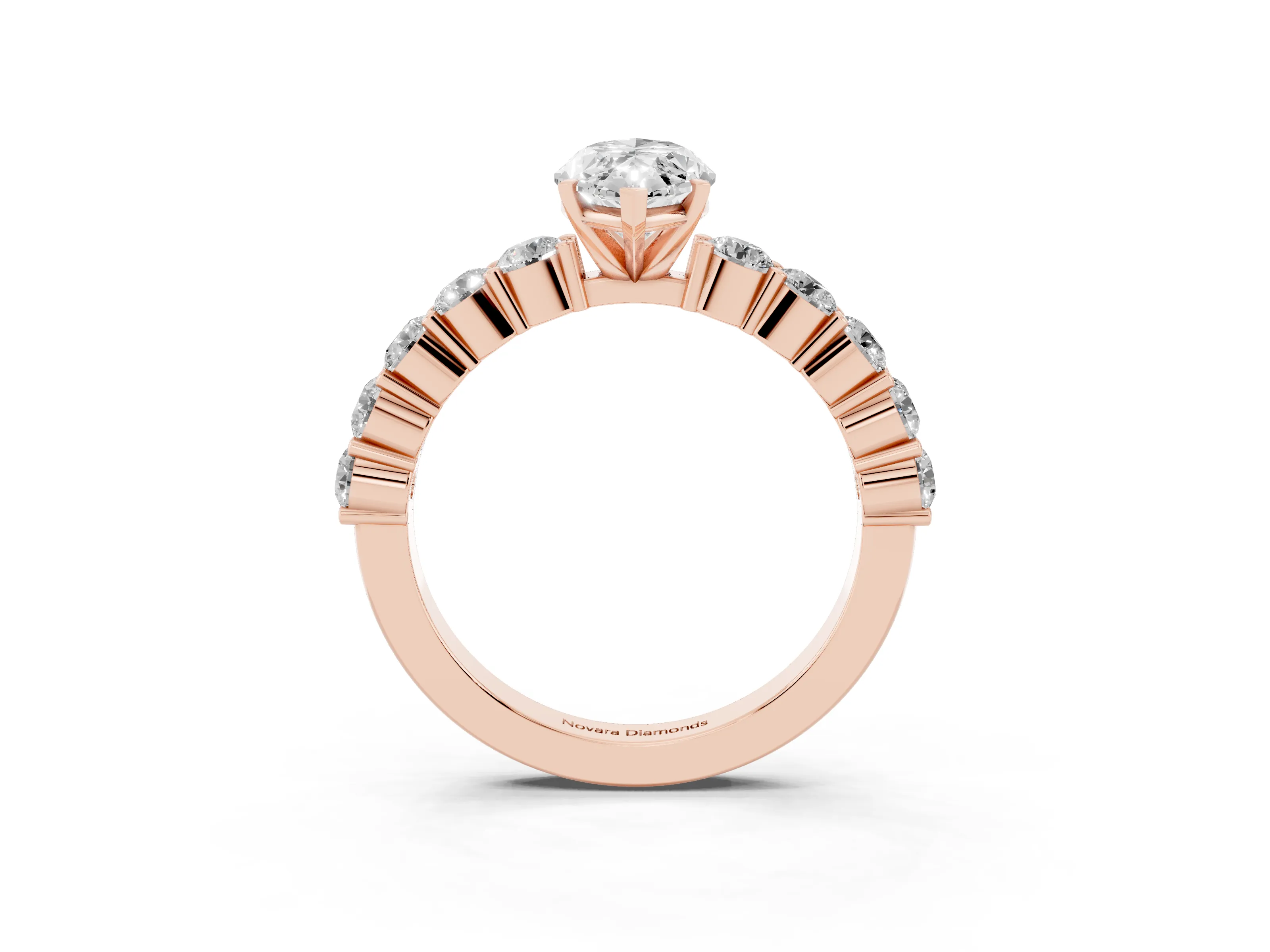 Marquise Cut Diamond Solitaire Ring Set in Rose gold with Shared Prong Round Side Stones