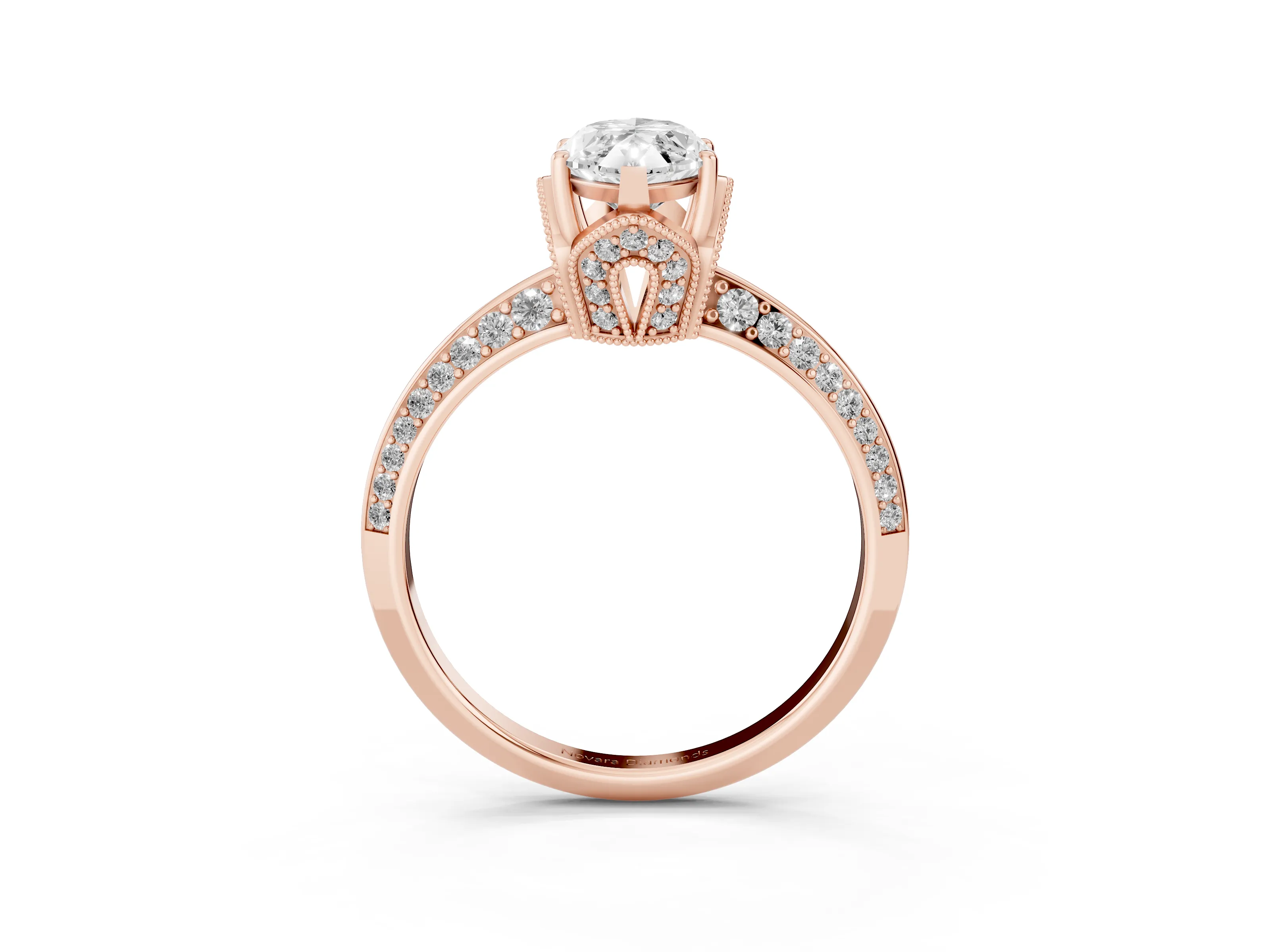 Marquise Cut Diamond Solitaire Engagement Ring Set in Rose gold with Pavé Split Shank and Prong Setting