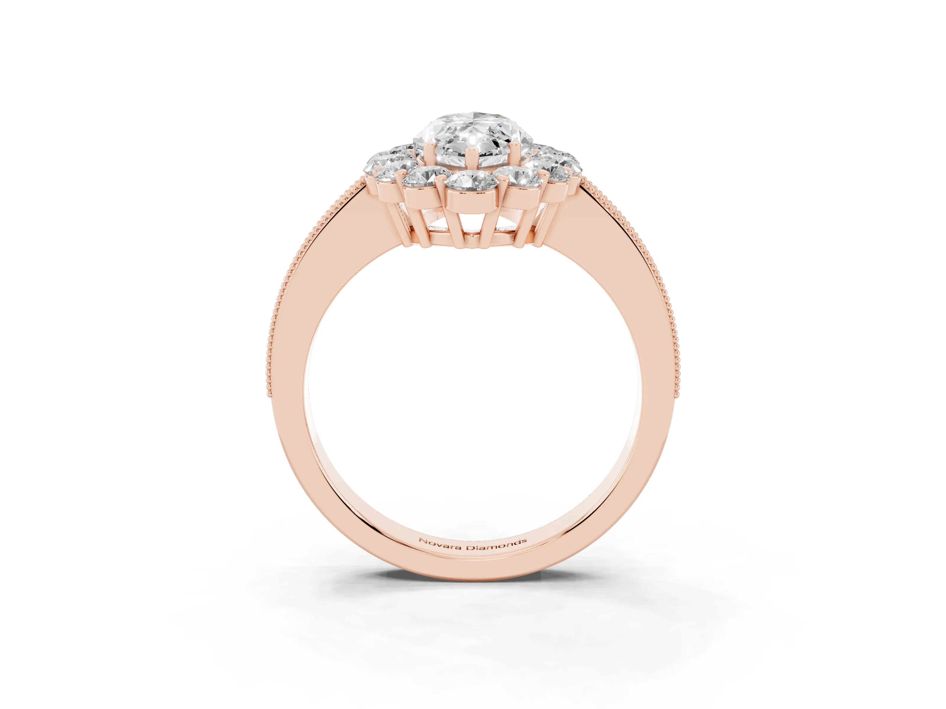Marquise Cut Diamond Halo Pavé Engagement Ring Set in Rose gold with Milgrain Detailing
