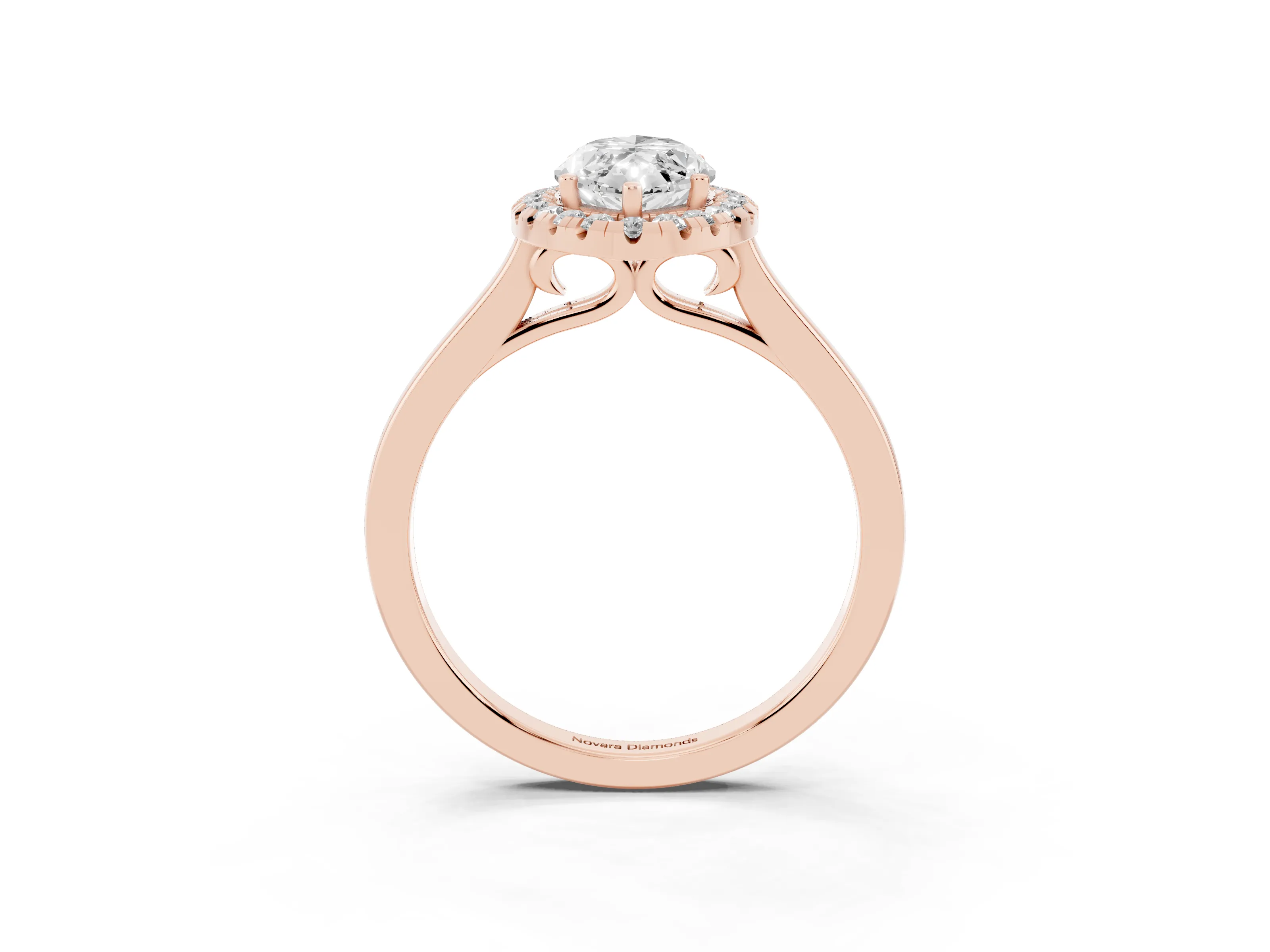 Marquise Cut Halo Round Diamond Solitaire Ring Set in Rose gold with Pavé Band and Prong Setting